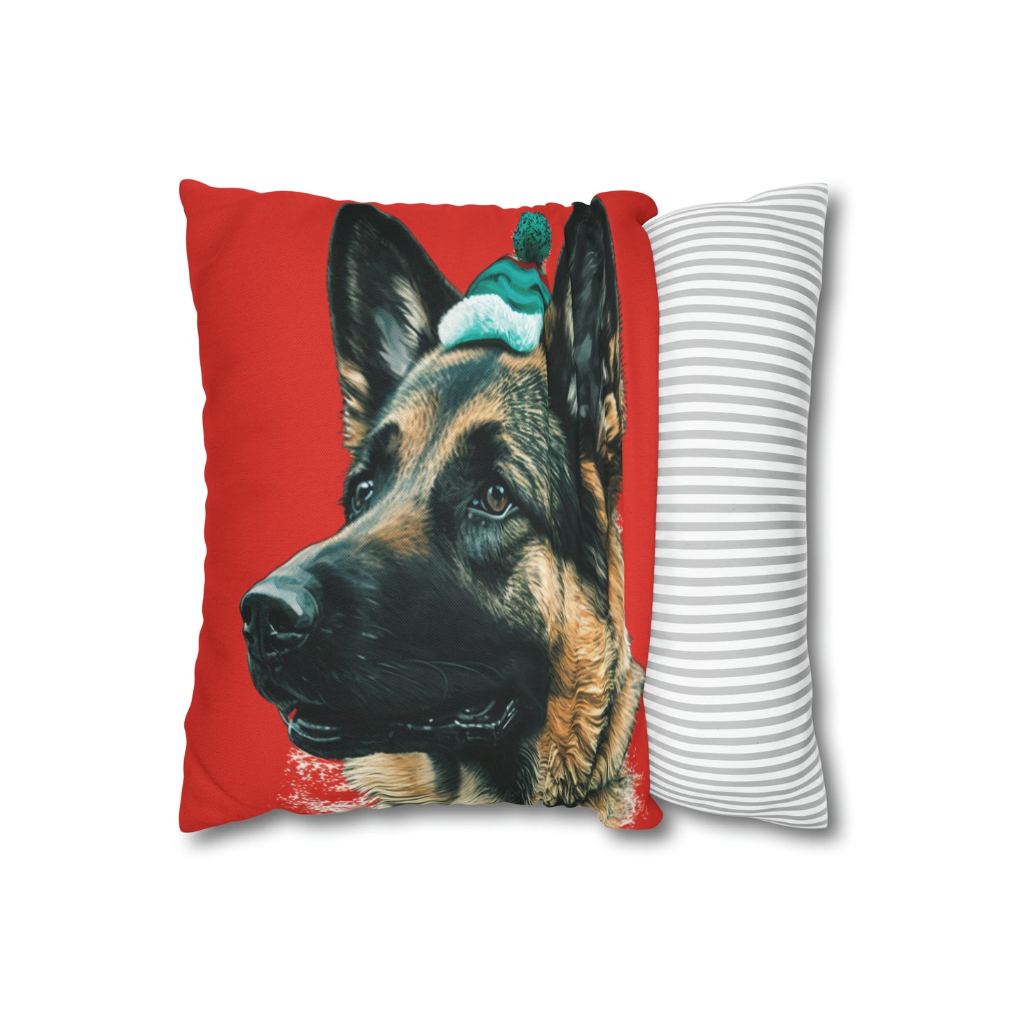 Festive German Shepherd Xmas Cushion on Red and White - A charming holiday cushion cover featuring a majestic German Shepherd in a festive Christmas setting against a backdrop of classic red and white, perfect for adding holiday spirit to your home decor.