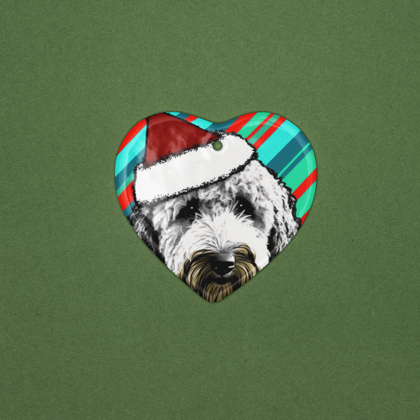 An ornament depicting a Labradoodle in candy stripes, available in both heart and circle.