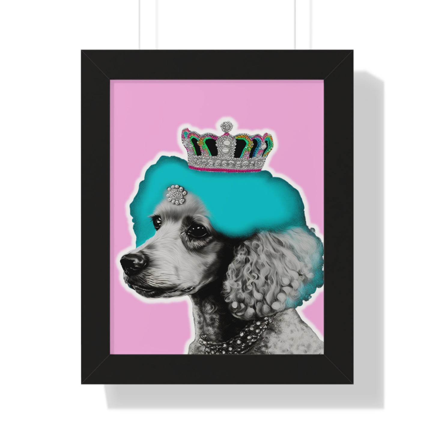 The 'Framed Crowned Pop Art Poodle Print on Pink' features a vibrant and colorful depiction of a poodle with a crown in pop art style, set within a choice of walnut, white, or black frames, adding an elegant and modern touch to home decor.