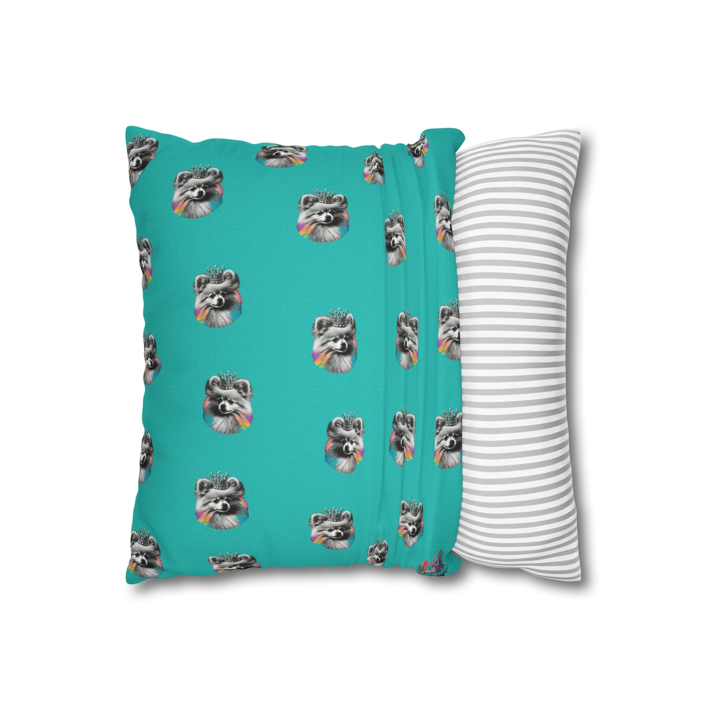 Black and White Pomeranian with Colours on Blue Cushion Cover