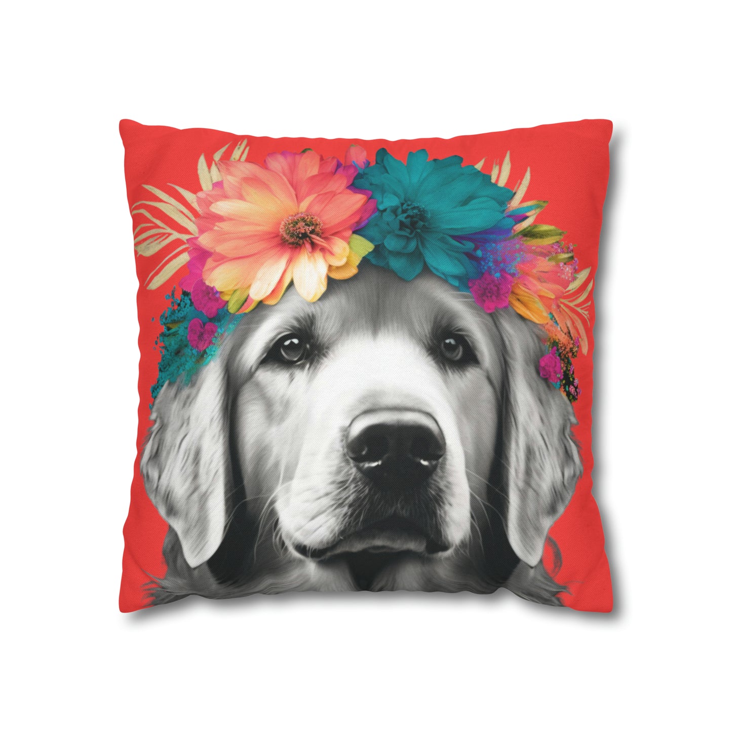 A Coral Bliss pillowcase featuring a tropical Golden Retriever design, perfect for adding a touch of paradise to your home decor.