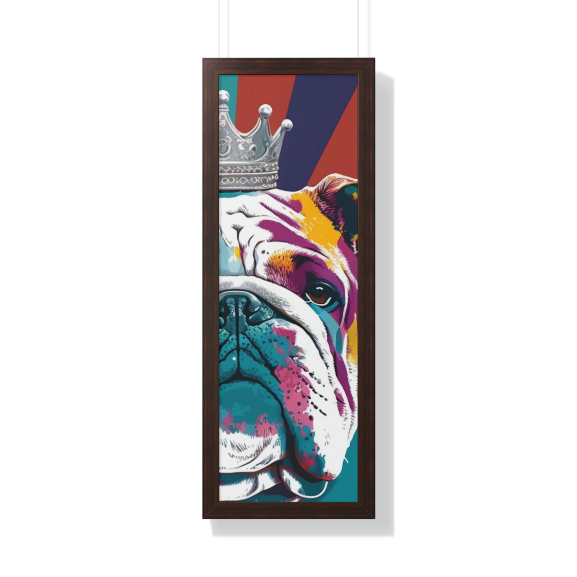 A vibrant framed canvas print featuring a PopArt British Bulldog, perfect for adding a bold and artistic touch to any interior space.