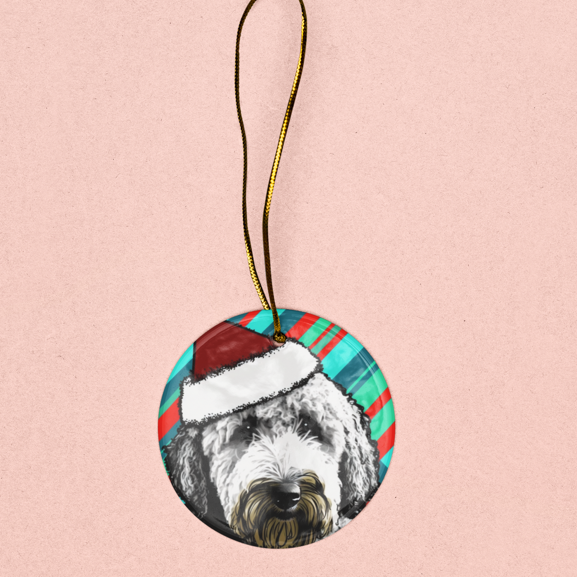 An ornament depicting a Labradoodle in candy stripes, available in both heart and circle.