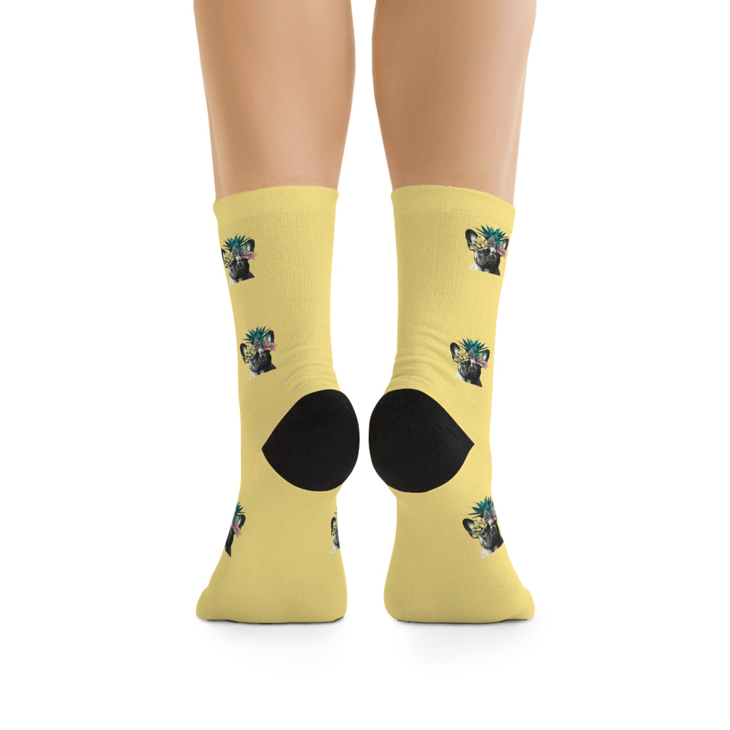 A pair of sunny yellow novelty socks featuring an adorable French Bulldog 