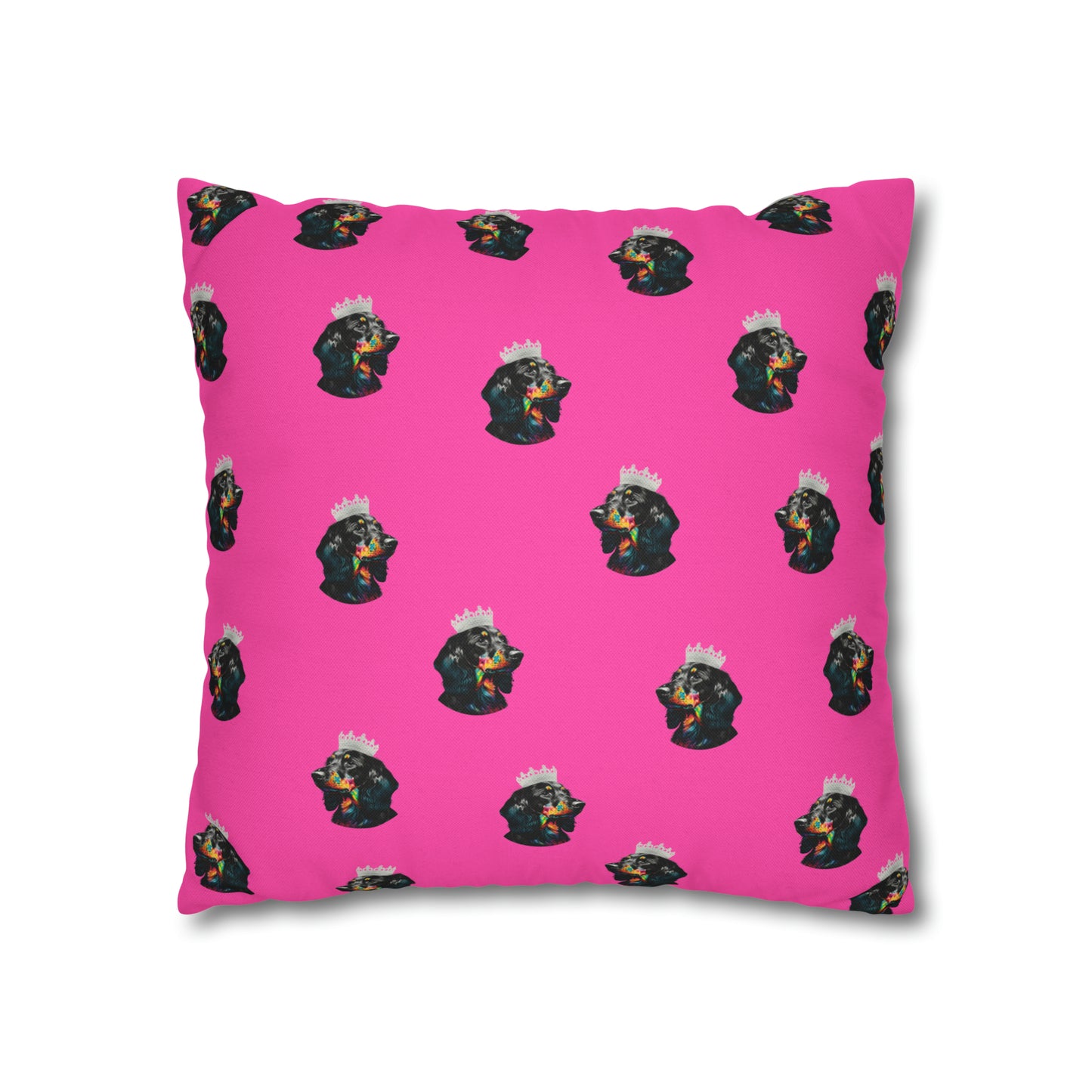 A whimsical cushion cover featuring a princess Dachshund in regal attire on a pink background, perfect for adding a touch of canine royalty to your home decor.