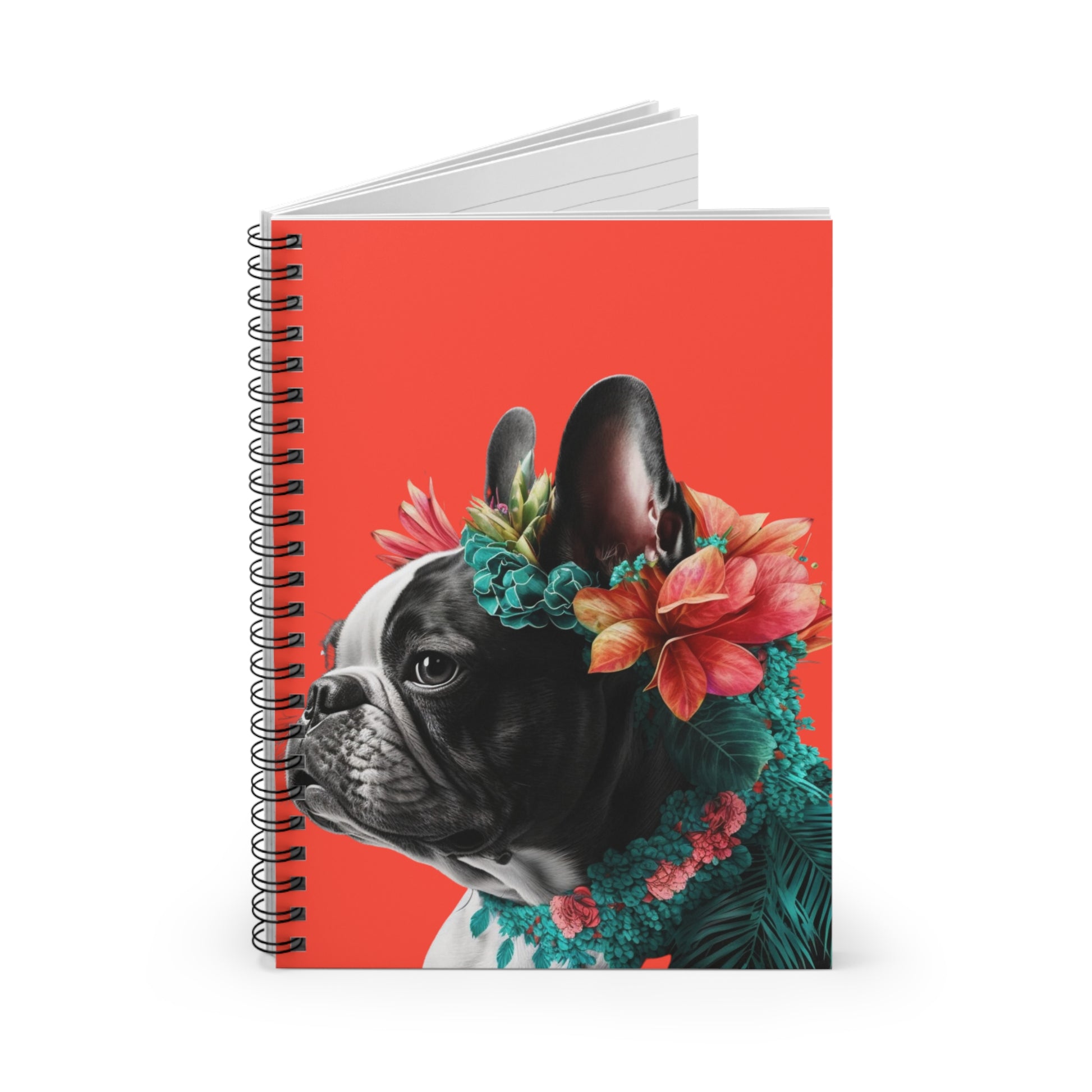 A coral notebook featuring an adorable French Bulldog amidst tropical vibes on the cover.