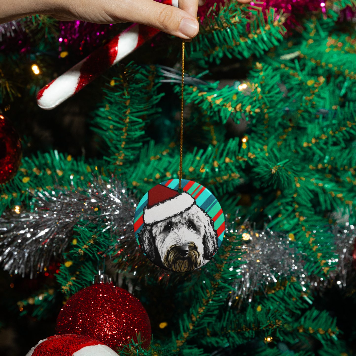 Candy Stripe Labradoodle Christmas Ornament - Circle or Heart 🎄🐕‍🦺❤️