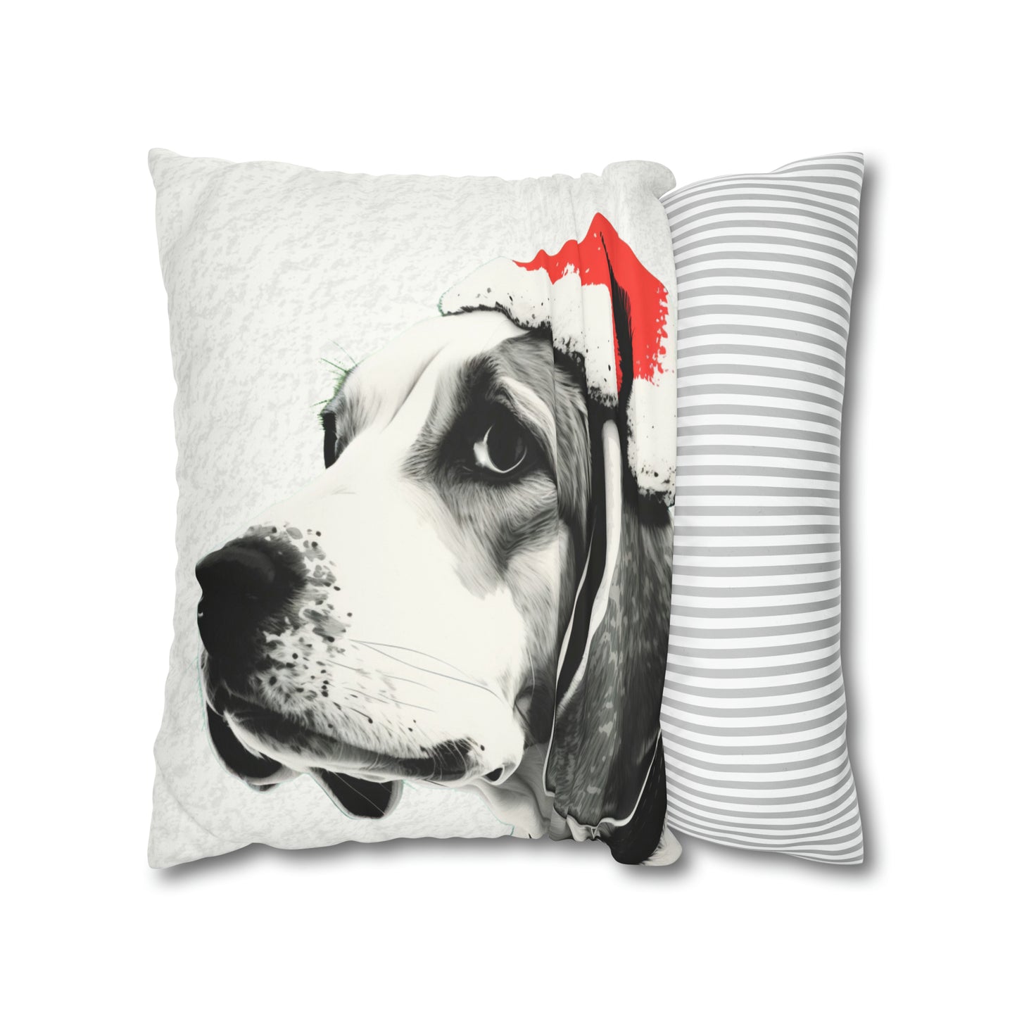 Festive Beagle Bliss Christmas Cushion Cover on White Faux Suede