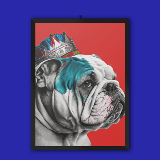 A PopArt style poster featuring a British Bulldog wearing a crown against a bold red background, creating a striking visual of regal canine charm.