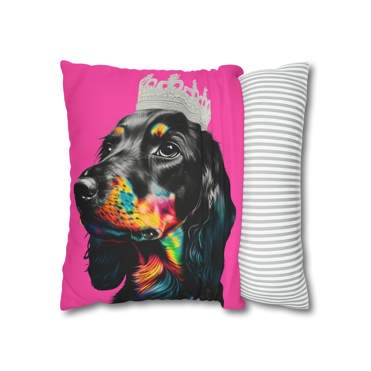 A whimsical cushion cover featuring a princess Dachshund in regal attire on a pink background, perfect for adding a touch of canine royalty to your home decor.