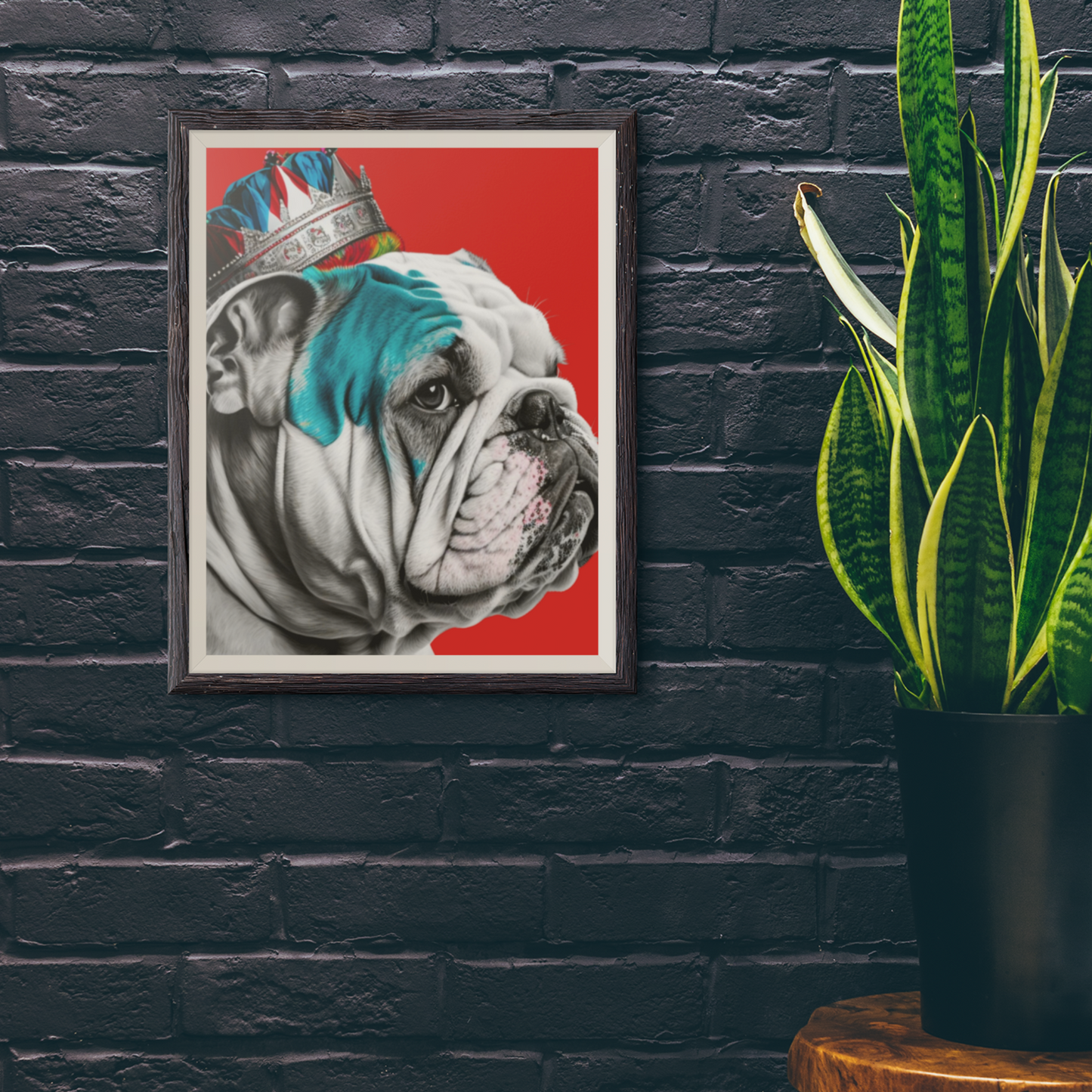 A PopArt style poster featuring a British Bulldog wearing a crown against a bold red background, creating a striking visual of regal canine charm.