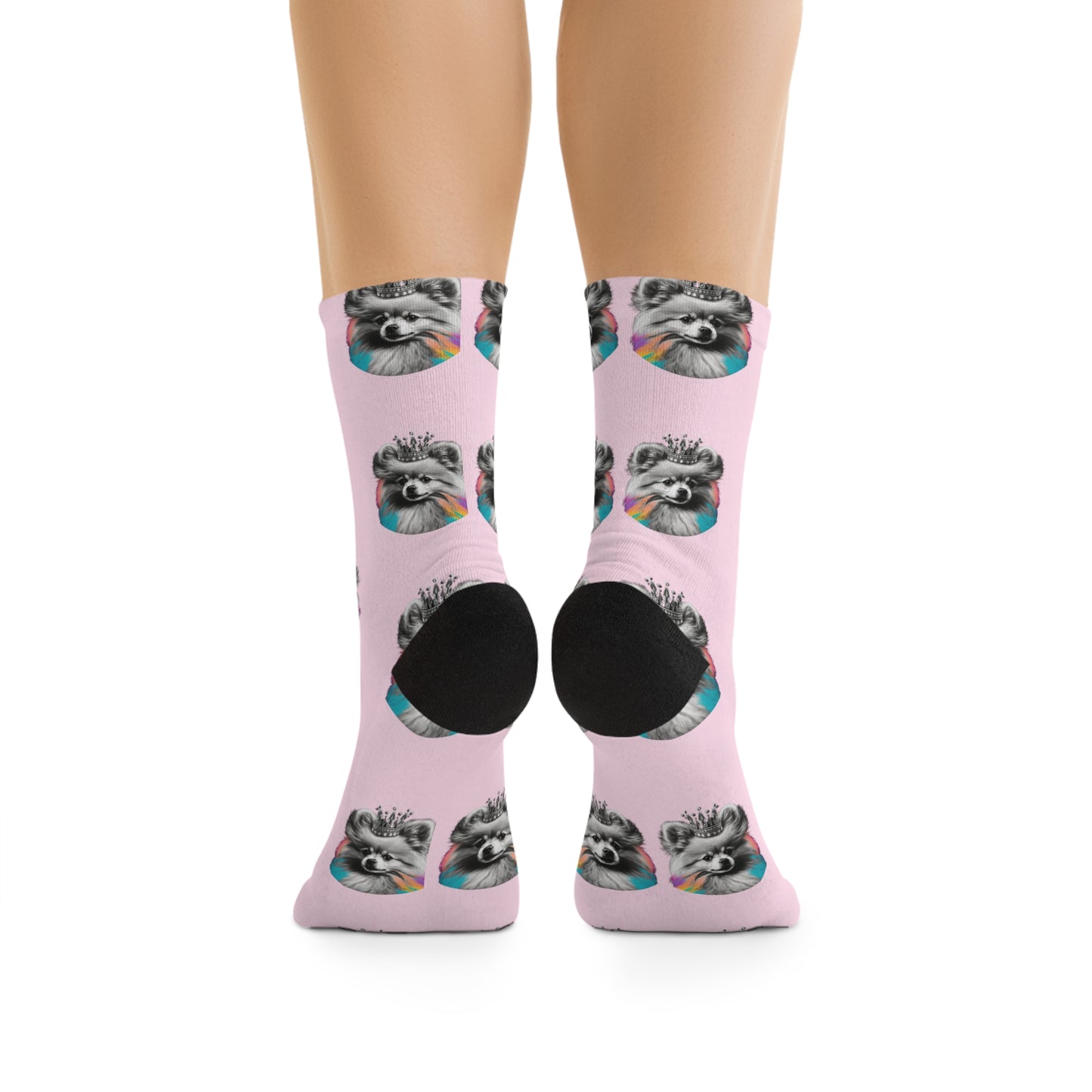 Black and White Pomeranian with Colours on pink Novelty Socks