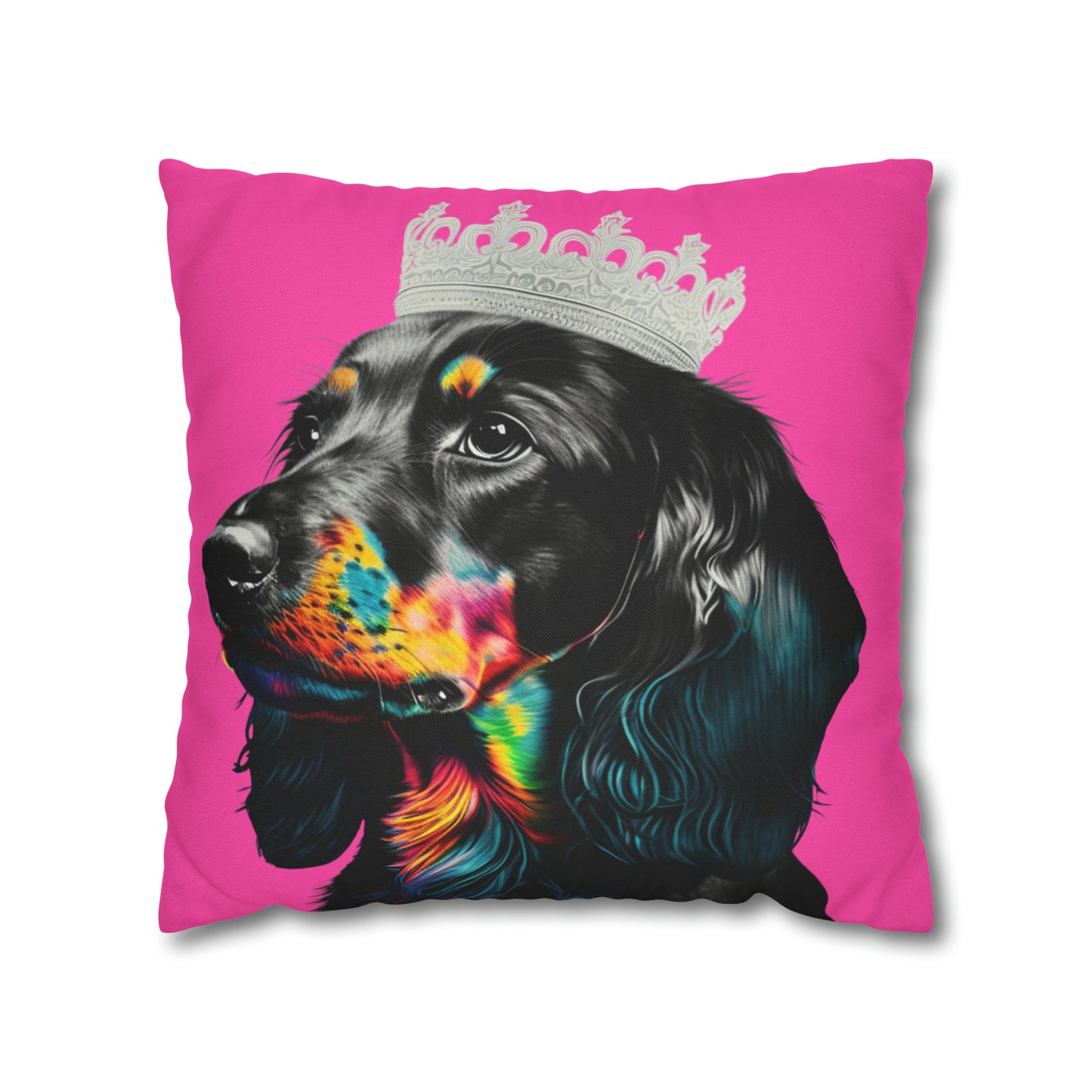 A whimsical cushion cover featuring a princess Dachshund in regal attire on a pink background, perfect for adding a touch of canine royalty to your home decor.