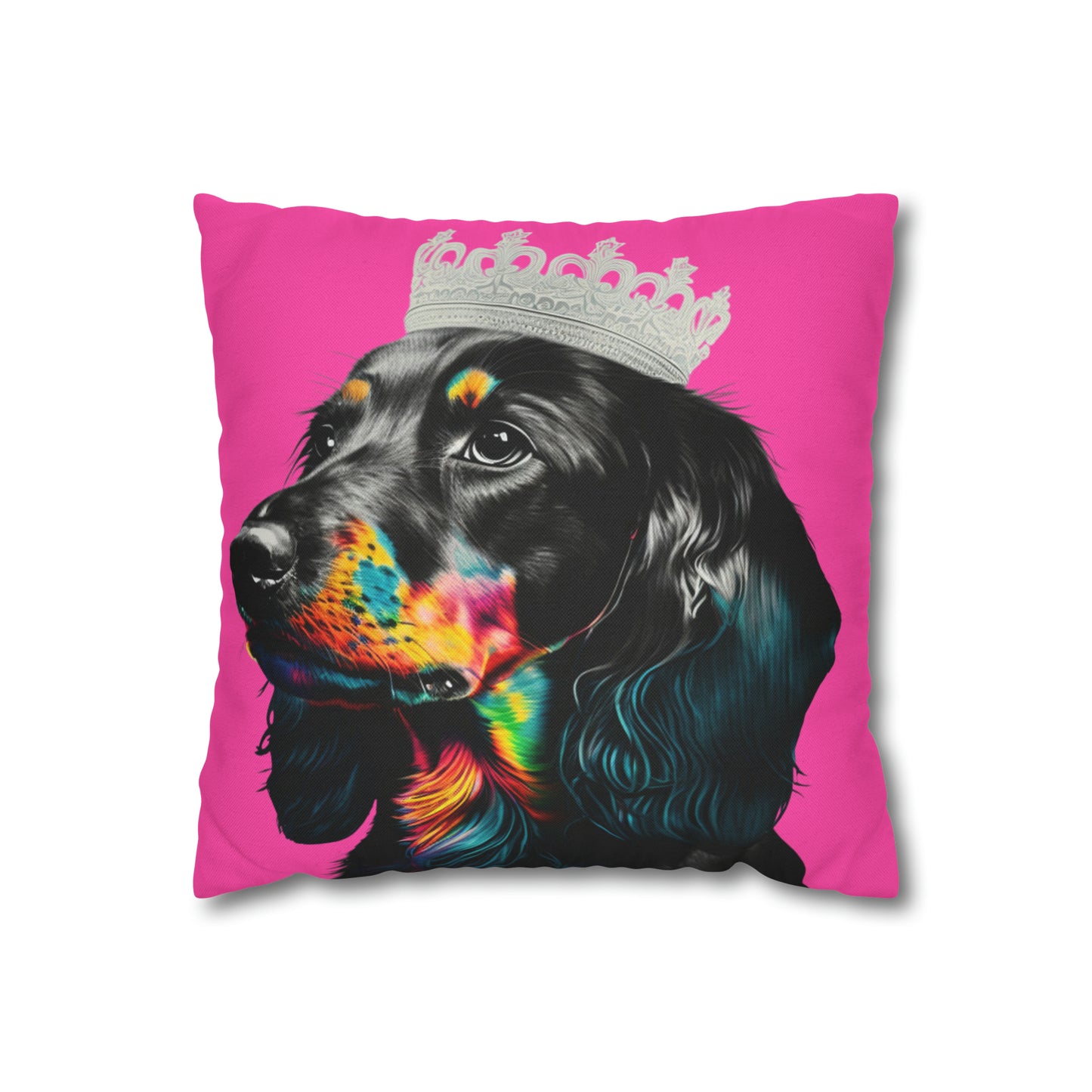 A whimsical cushion cover featuring a princess Dachshund in regal attire on a pink background, perfect for adding a touch of canine royalty to your home decor.