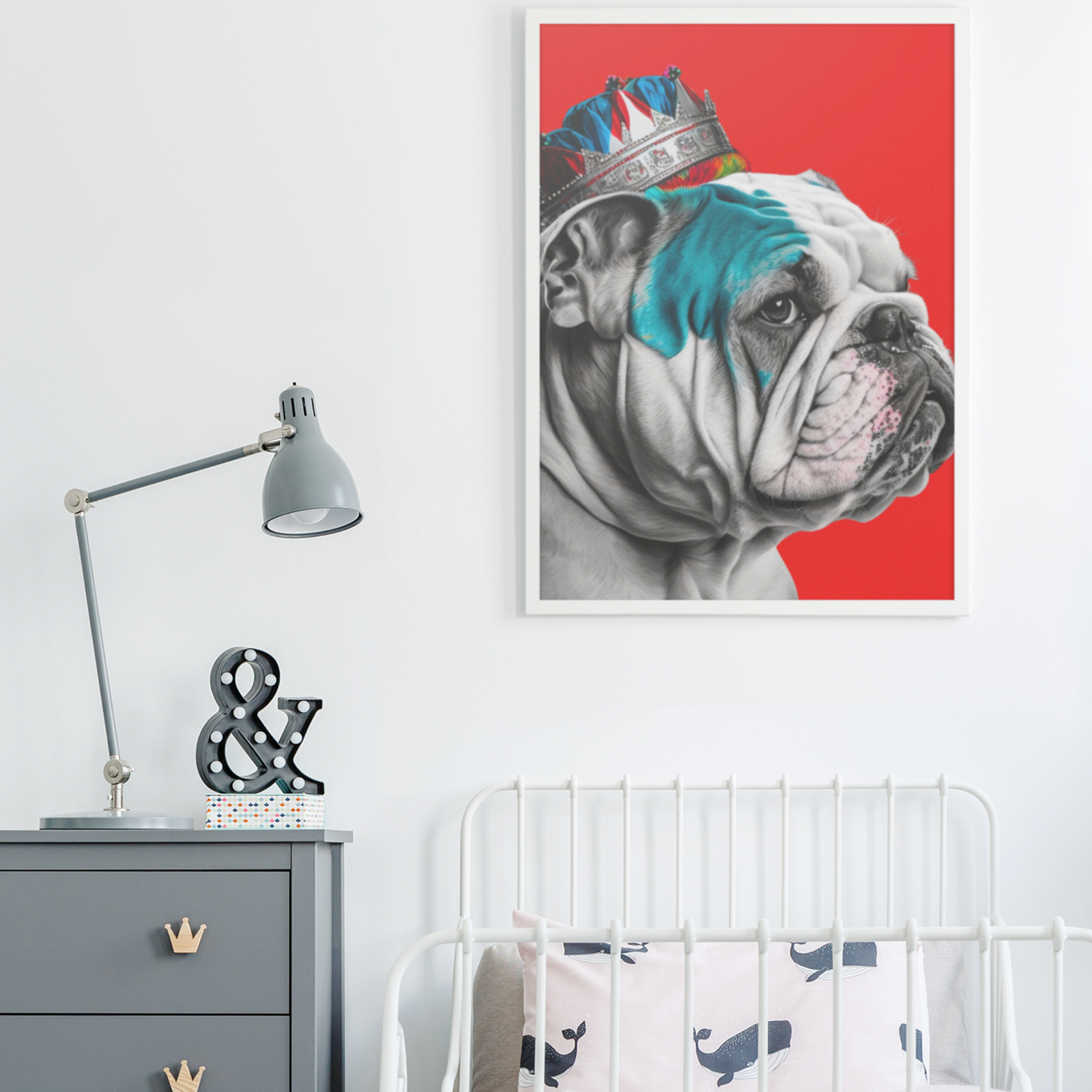 A PopArt style poster featuring a British Bulldog wearing a crown against a bold red background, creating a striking visual of regal canine charm.