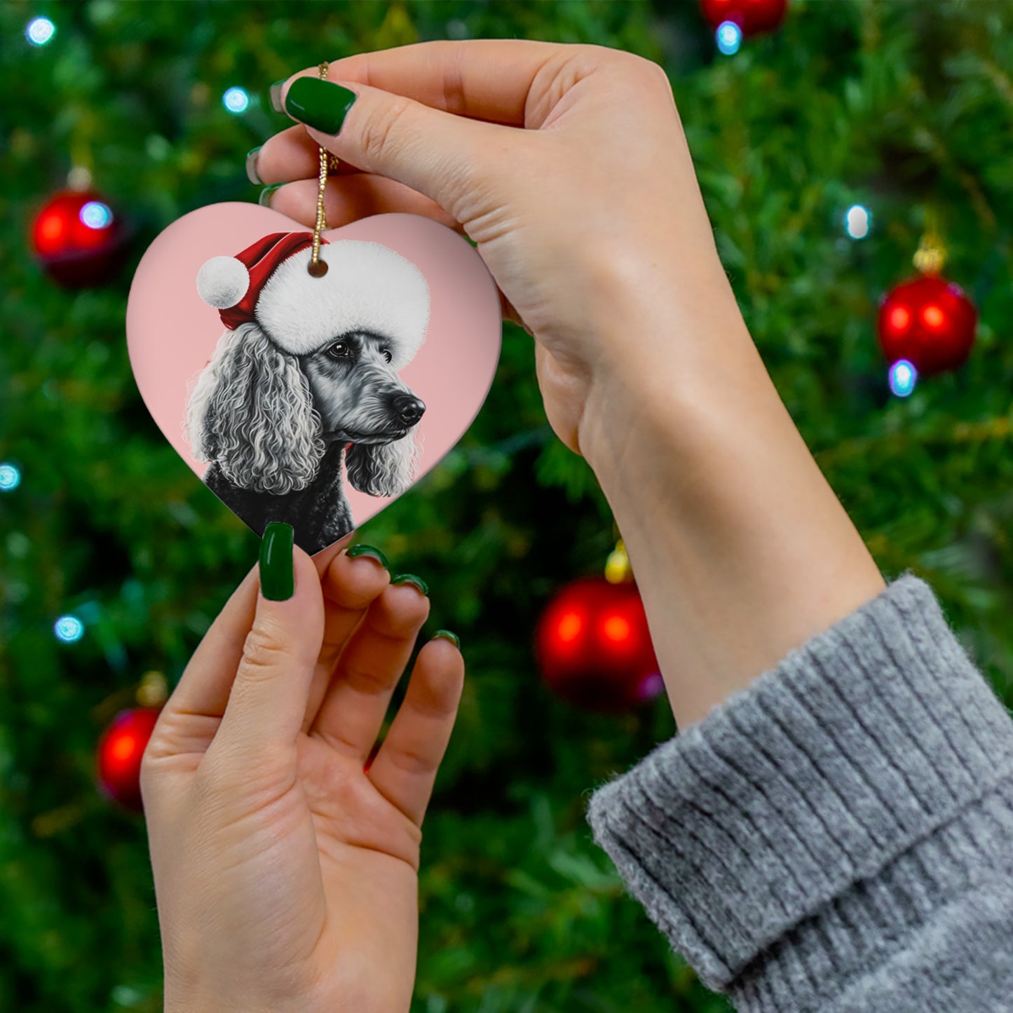 Black and White Poodle Christmas Ornament on Pastel Pink Background