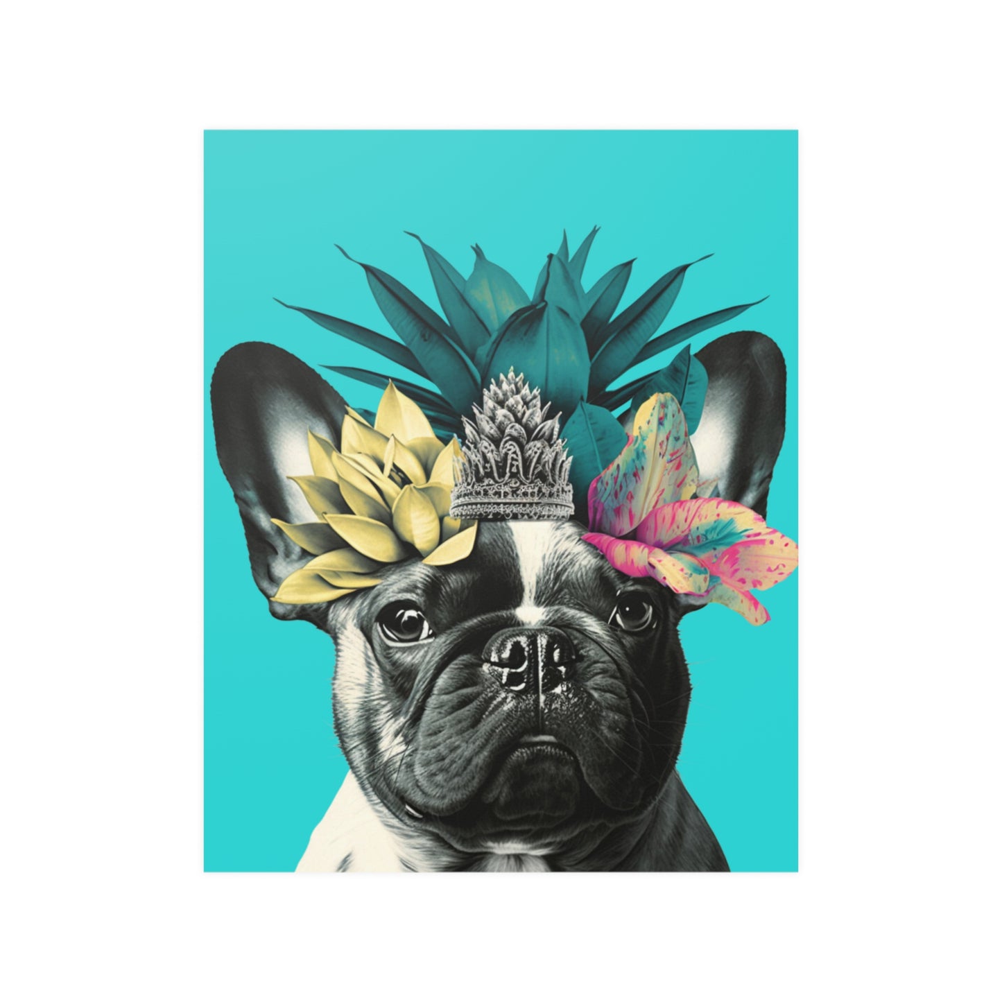 A French Bulldog with a crown of tropical flowers sits against a bright blue background, evoking a cheerful and summery island atmosphere.