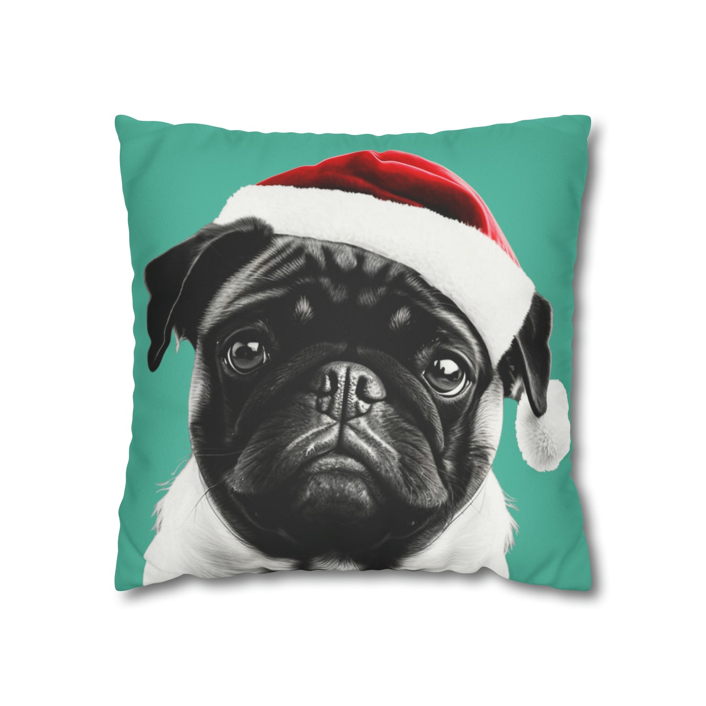 Adorable Pug Christmas Cushion Cover in Soft Faux Suede, featuring a festive pug design on a luxurious cushion, perfect for holiday decor.