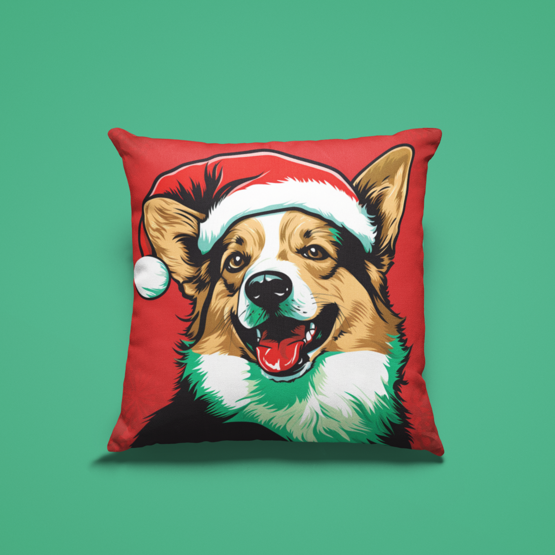 A vibrant Pop Art Christmas Corgi cushion cover, perfect for adding a festive and playful touch to home decor with its colorful and whimsical design.