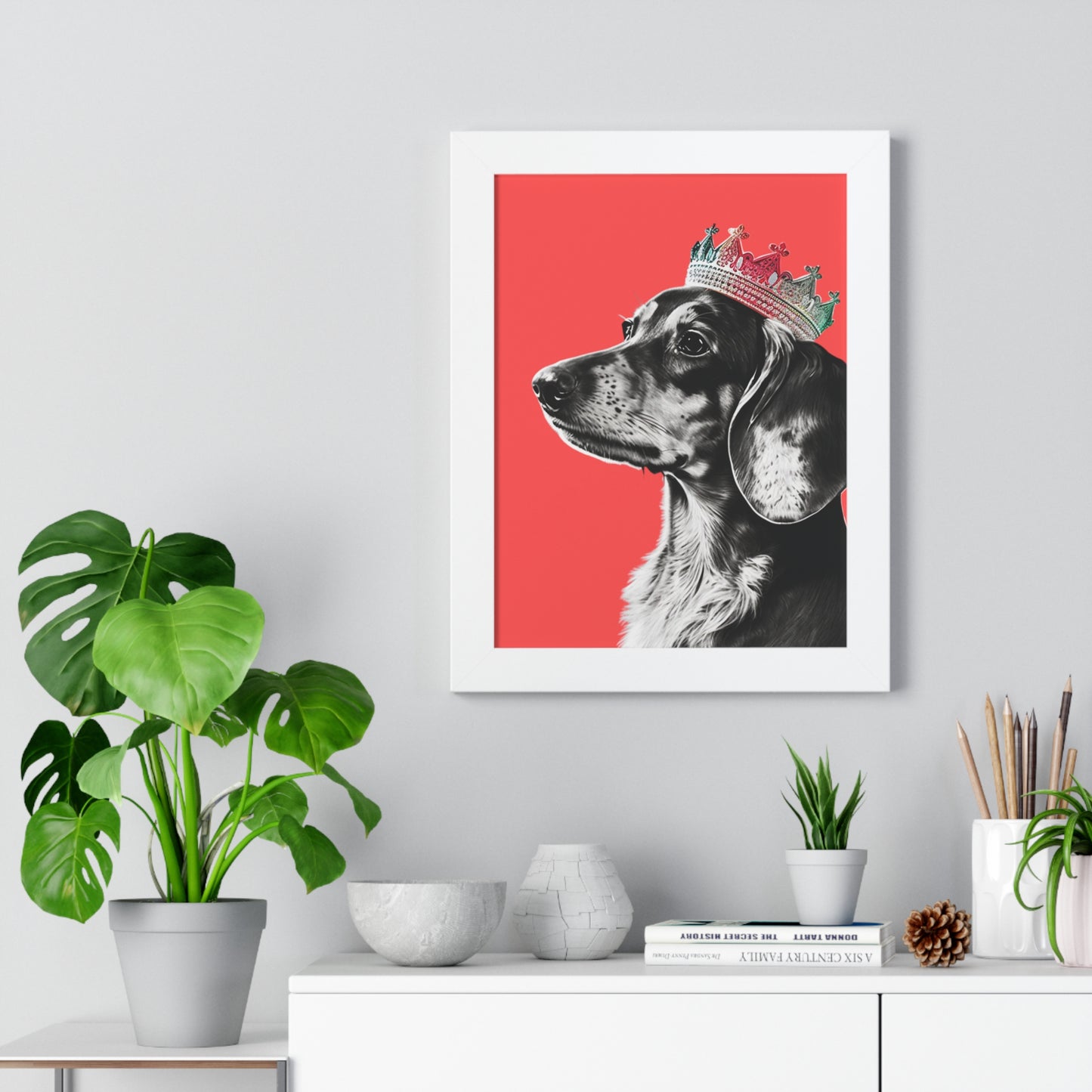 Dachshund on Coral Framed Art Print - Choice of White, Black, or Walnut Frame