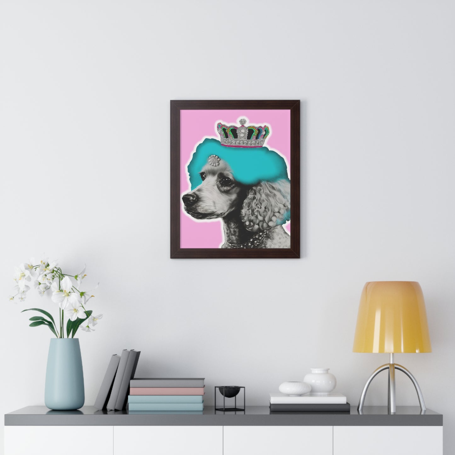 Framed Crowned Pop Art Poodle Print on Pink - Choose Walnut, White, or Black Frame