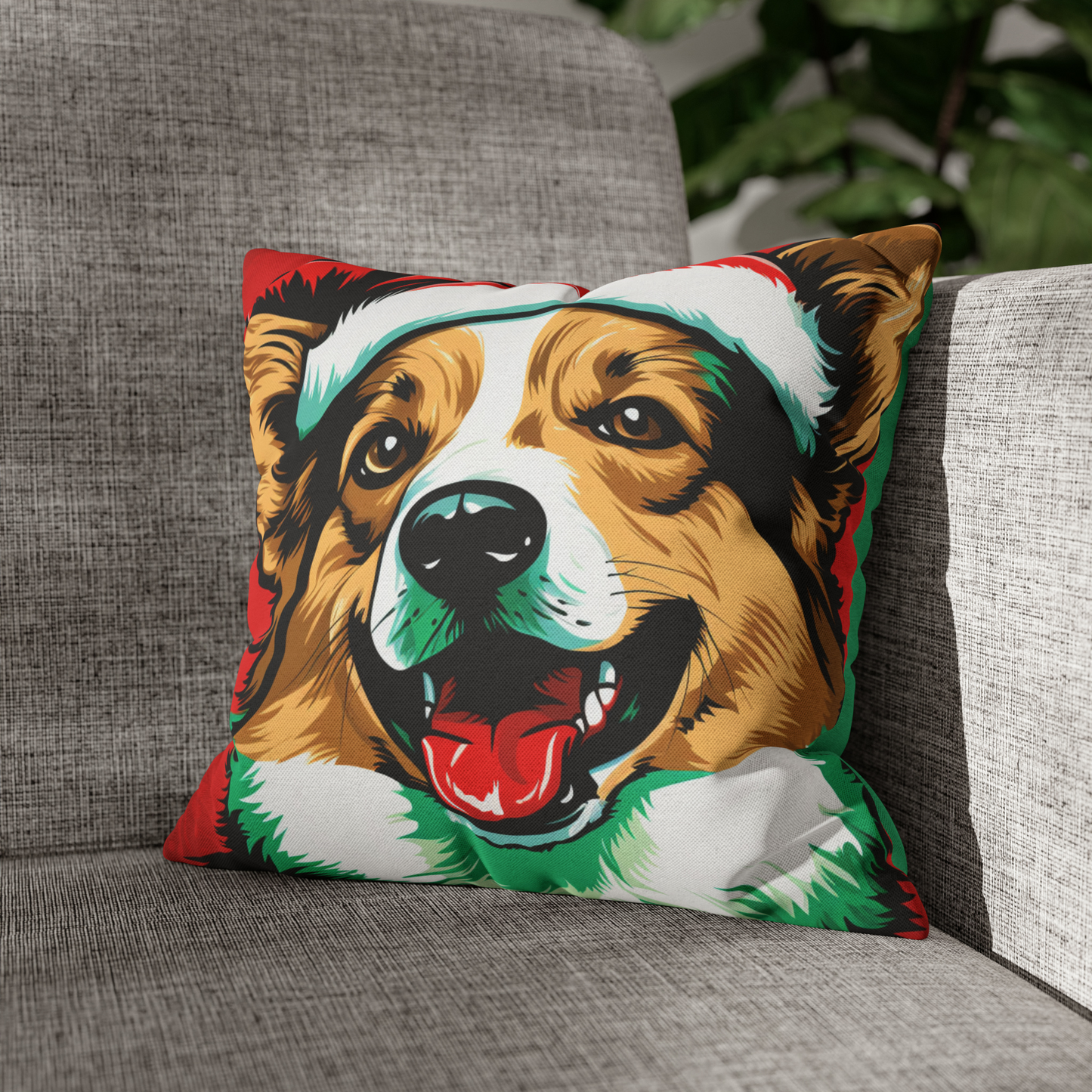 A vibrant Pop Art Christmas Corgi cushion cover, perfect for adding a festive and playful touch to home decor with its colorful and whimsical design.