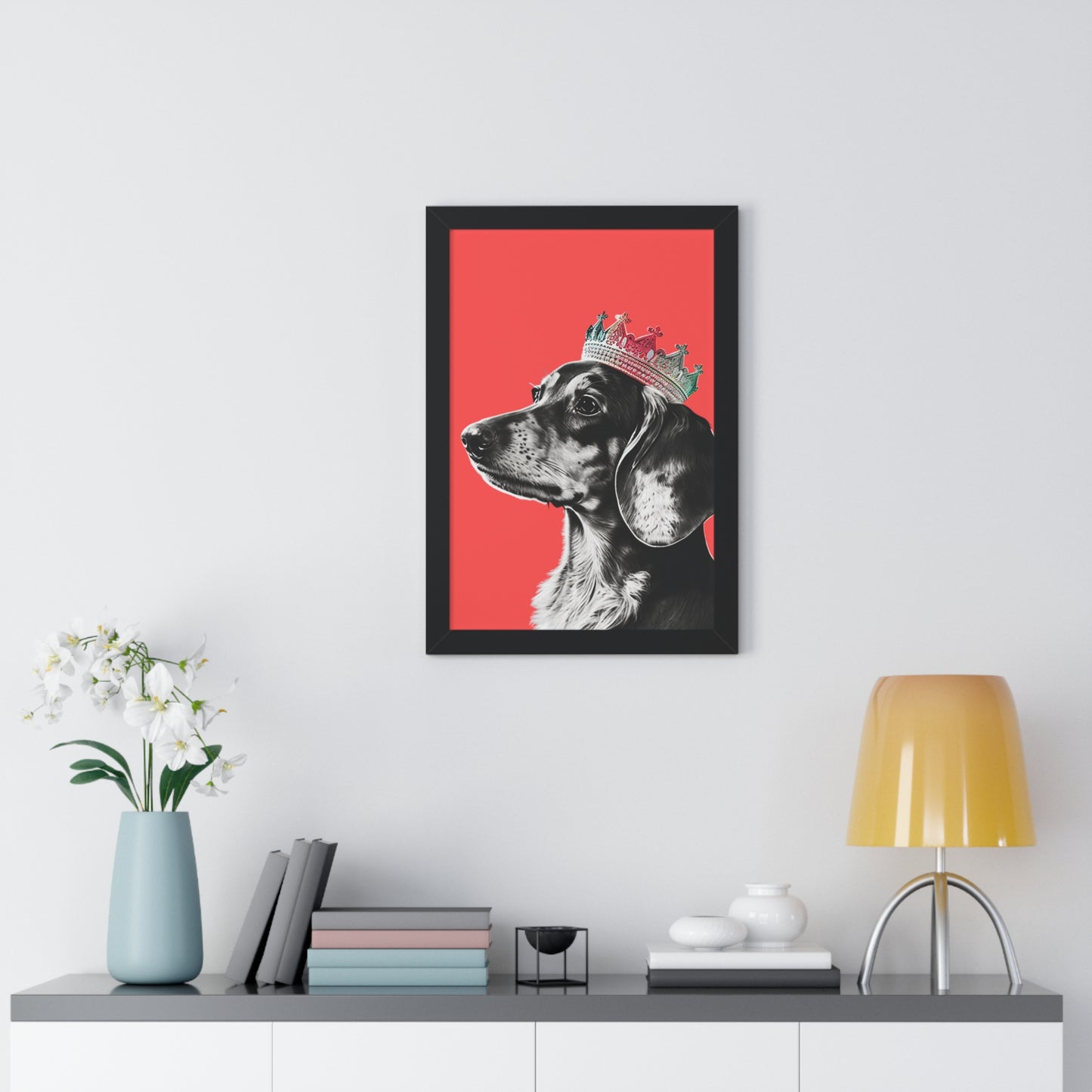 Dachshund on Coral Framed Art Print - Choice of White, Black, or Walnut Frame