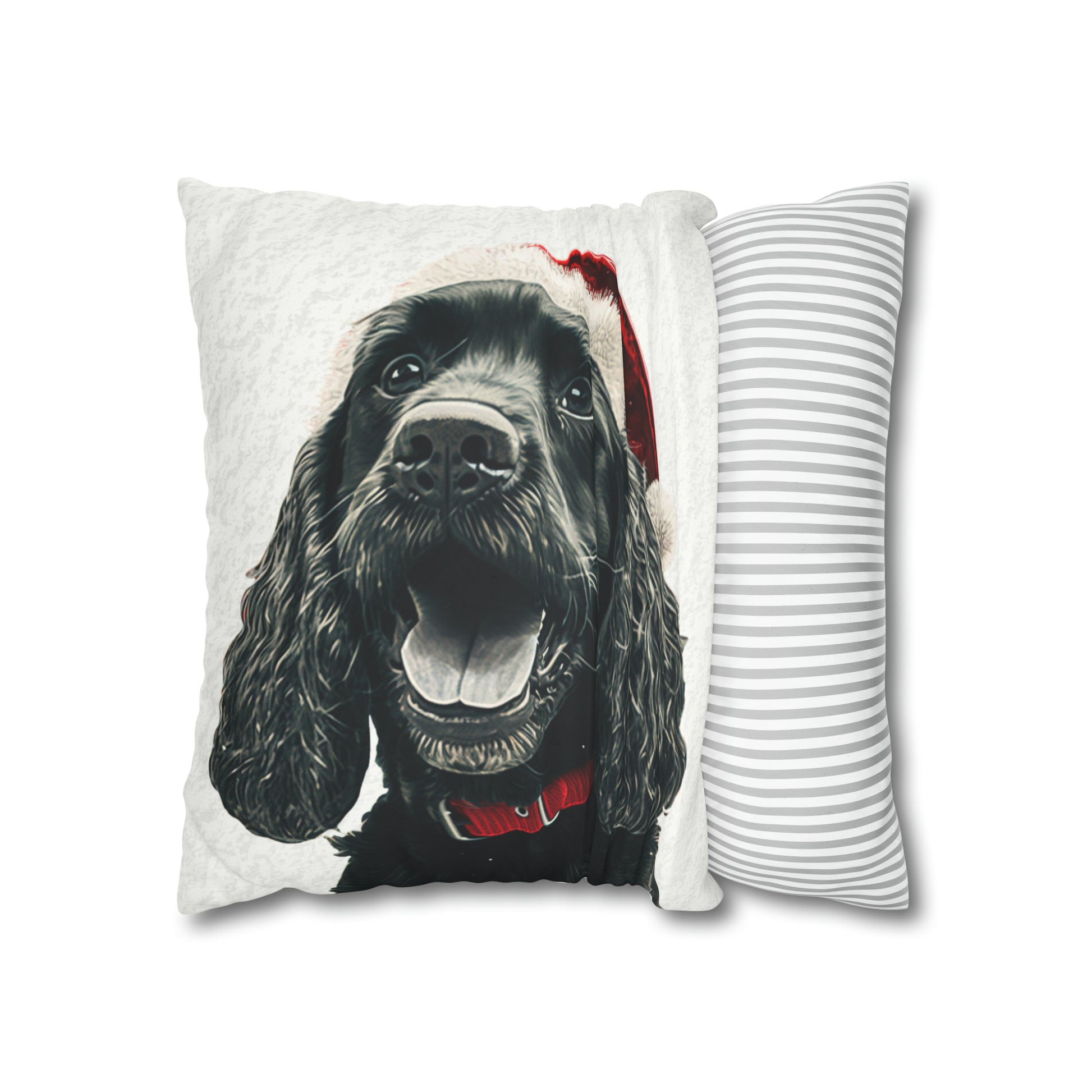 A luxurious faux suede Christmas cushion cover featuring a charming illustration of a cocker spaniel in festive holiday attire, set against a background of classic Christmas motifs like snowflakes and presents. The cushion cover displays vibrant colors, mainly red, green, and white, symbolizing traditional Christmas cheer