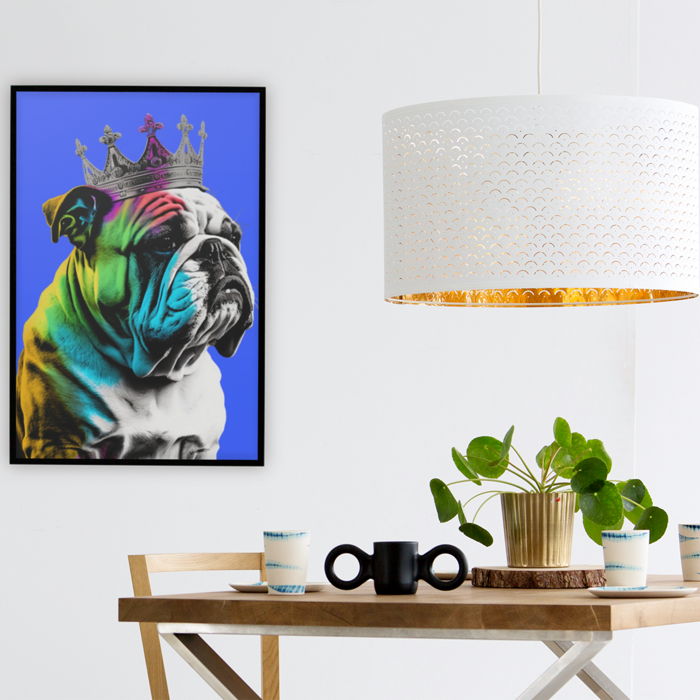 A British Bulldog portrayed in PopArt style, featuring bold outlines and colors on a vibrant blue background that captures the breed's distinctive character.