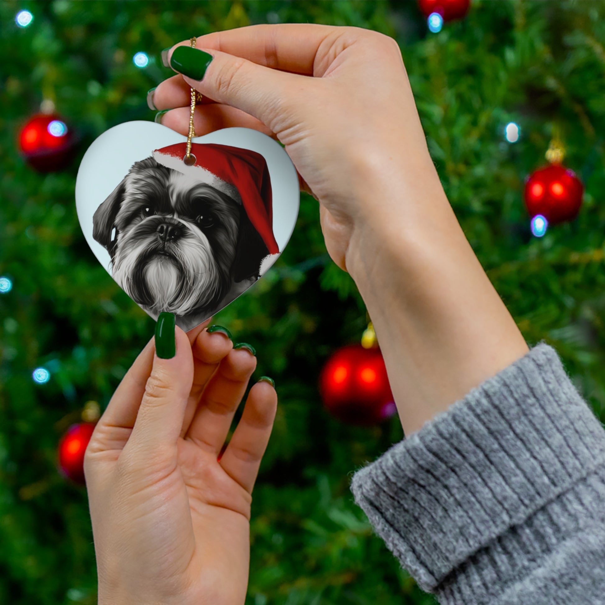 A delightful Shih Tzu on a blue Christmas tree ornament, available in both circle and heart shapes, perfect for adding a touch of holiday charm to your Christmas tree decoration.