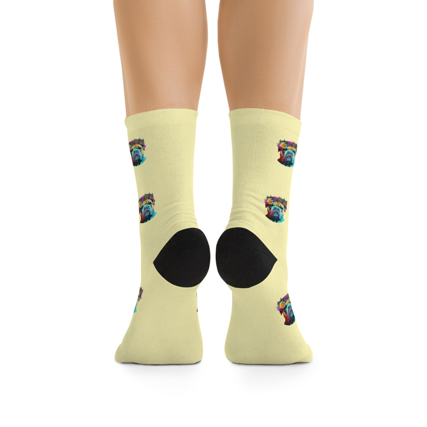 A pair of colorful pop art British Bulldog socks featuring a vibrant bulldog design on a cream background.