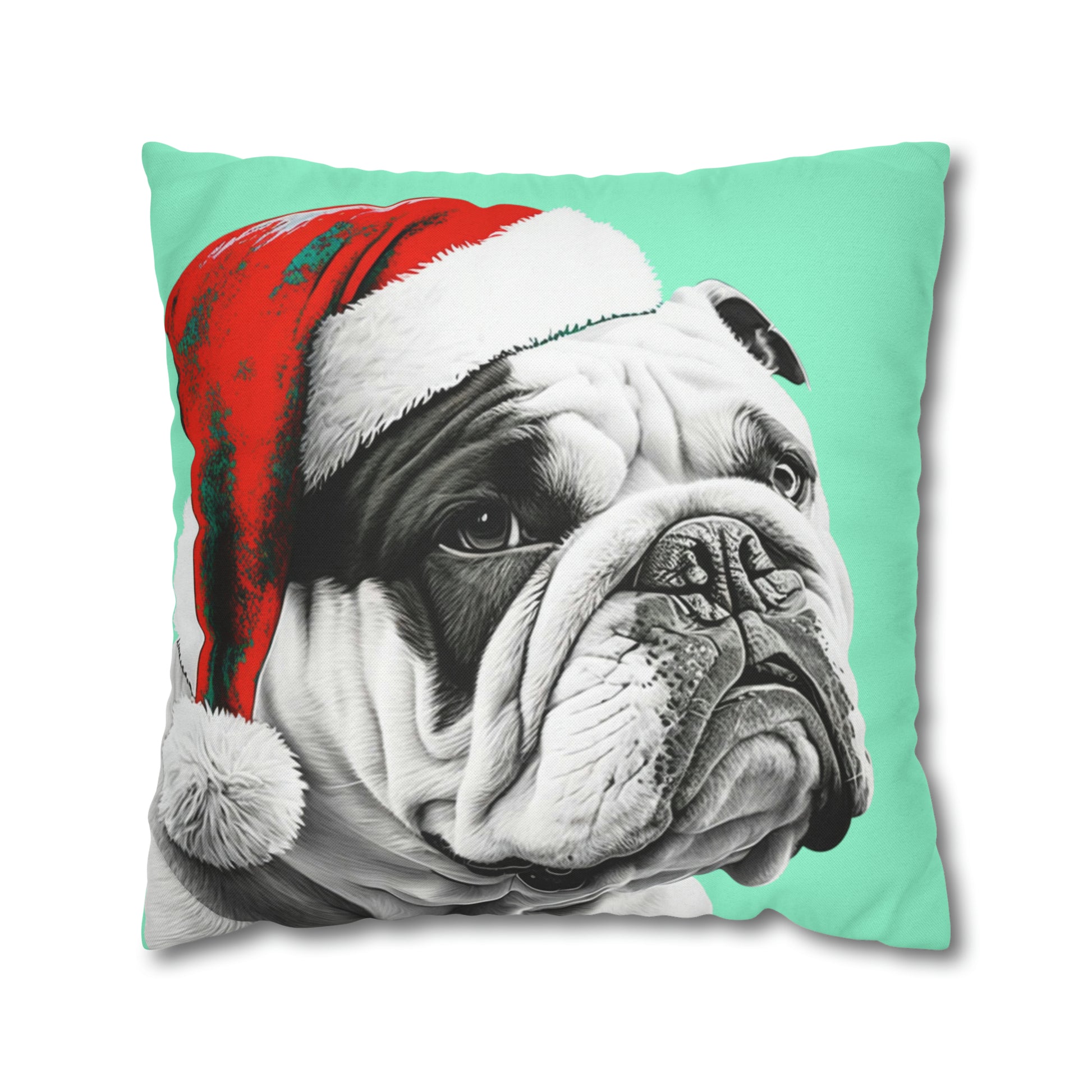 A colorful PopArt-style pillow cover featuring a Bulldog in a Santa hat, perfect for adding a fun and artsy touch to your festive decor.