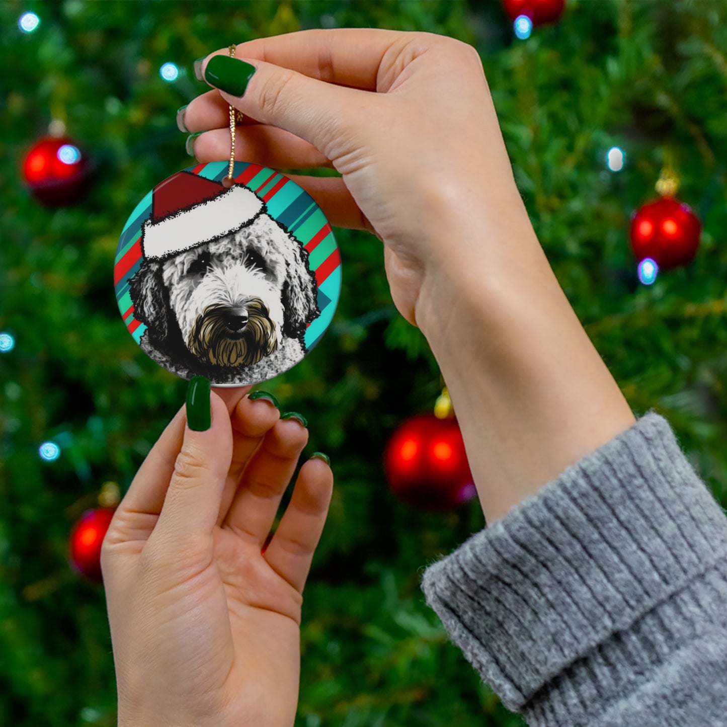 Candy Stripe Labradoodle Christmas Ornament - Circle or Heart 🎄🐕‍🦺❤️