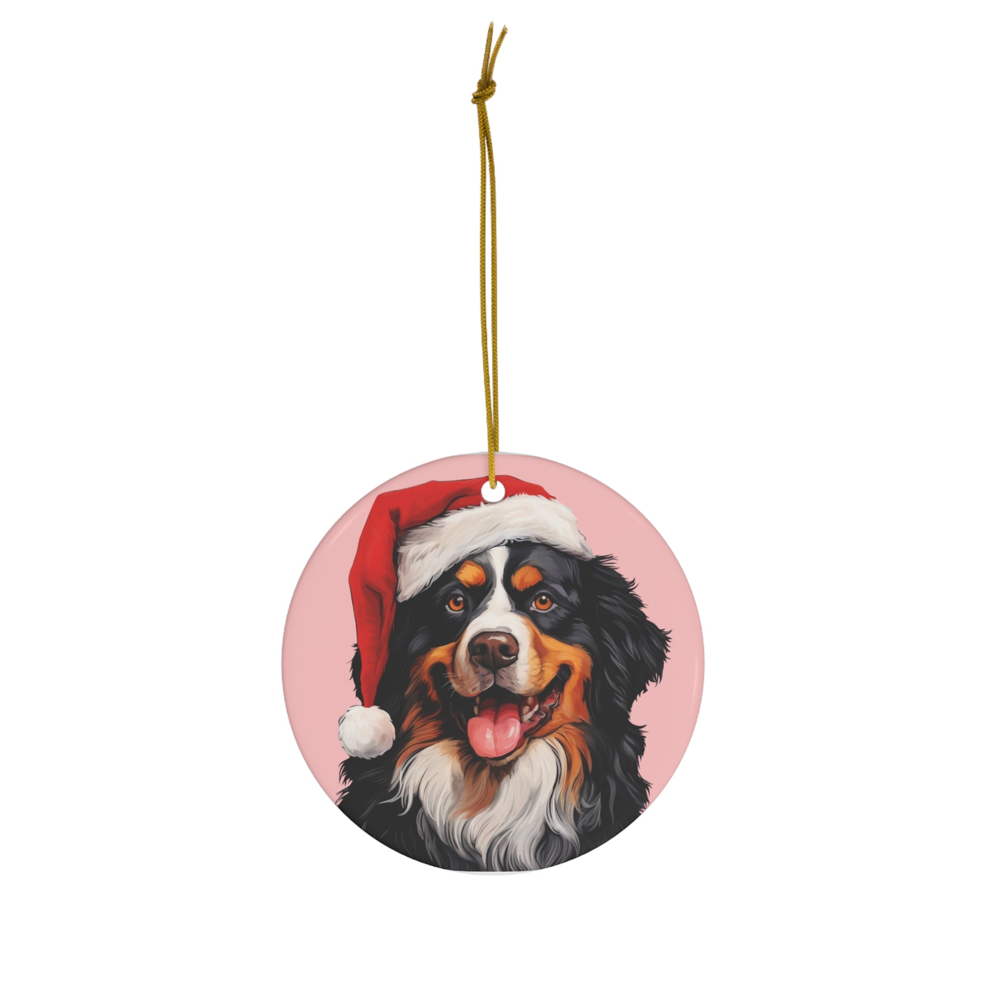 Exquisite Bernese Mountain Dog Christmas ornaments in both circle and heart shapes, featuring a stunning Bernese Mountain Dog in a festive holiday setting, perfect for adding seasonal charm to your holiday decor.