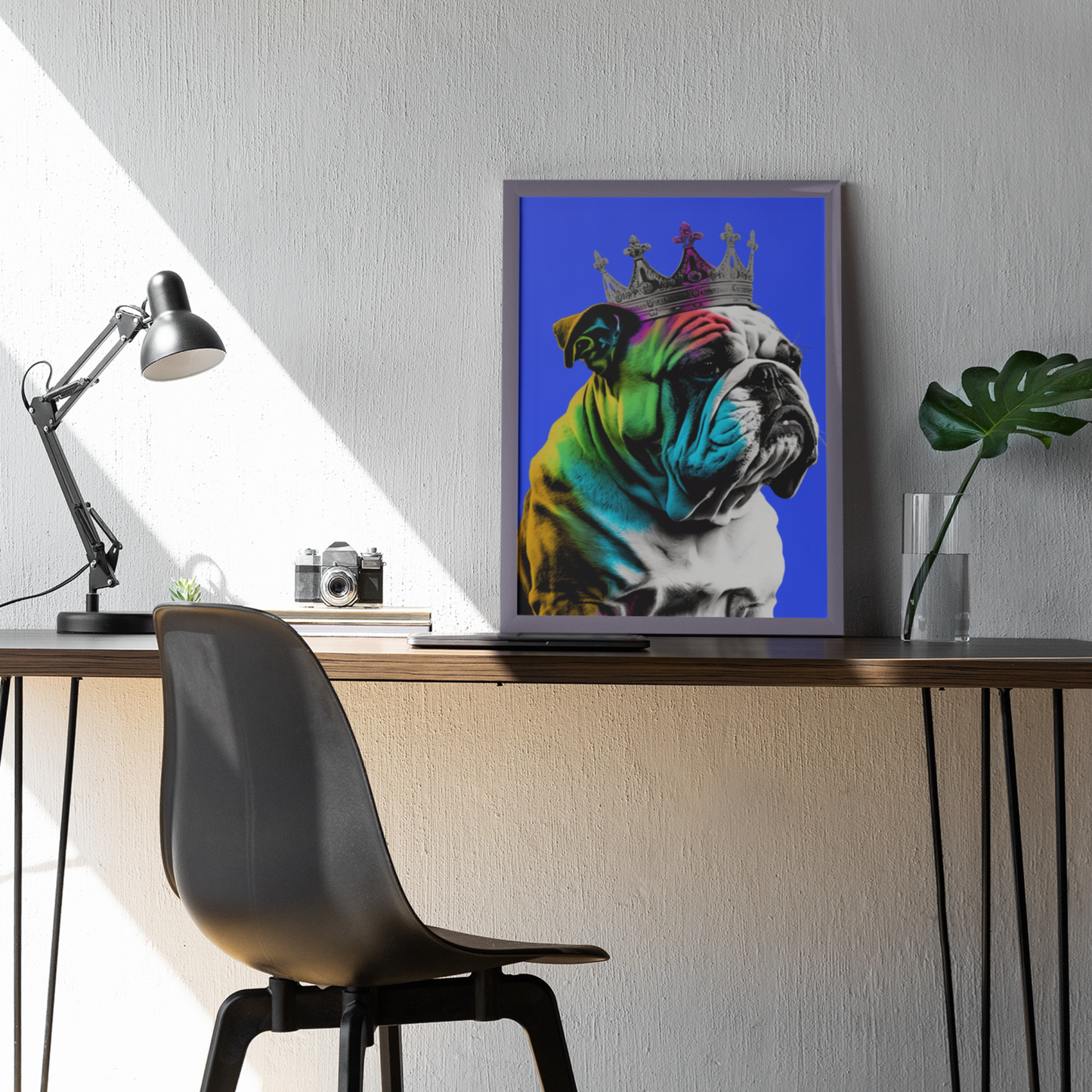 A British Bulldog portrayed in PopArt style, featuring bold outlines and colors on a vibrant blue background that captures the breed's distinctive character.