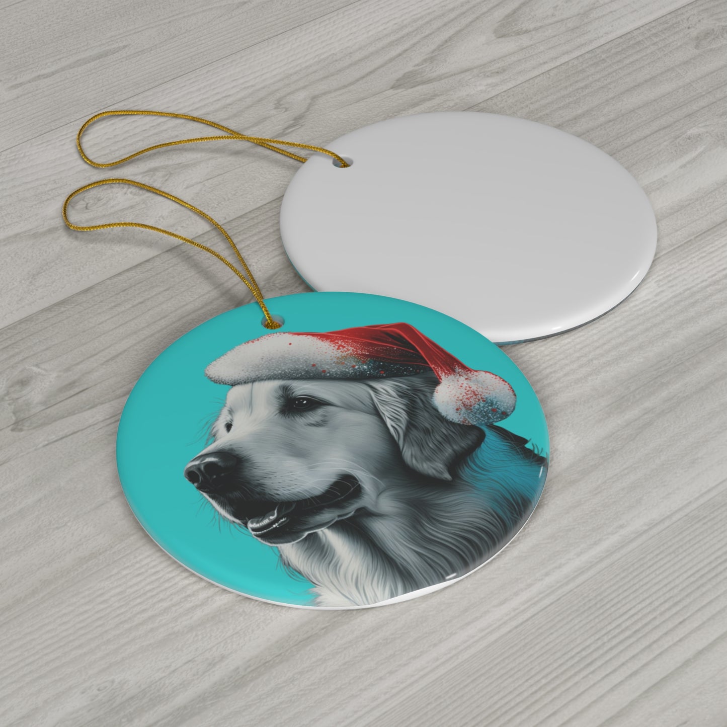 Golden Retriever Christmas Ornament on Blue Background