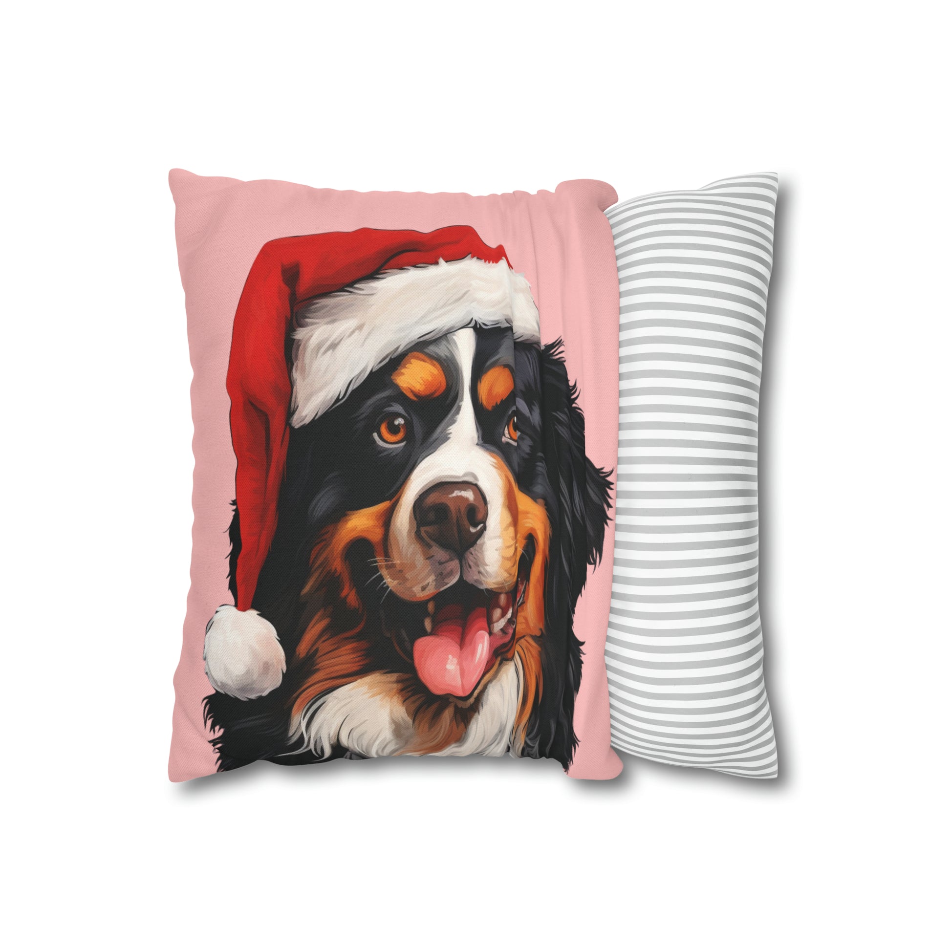 A festive Bernese Mountain Dog Christmas cushion cover featuring a beautiful Bernese Mountain Dog in a holiday setting, perfect for adding holiday charm to your home decor.