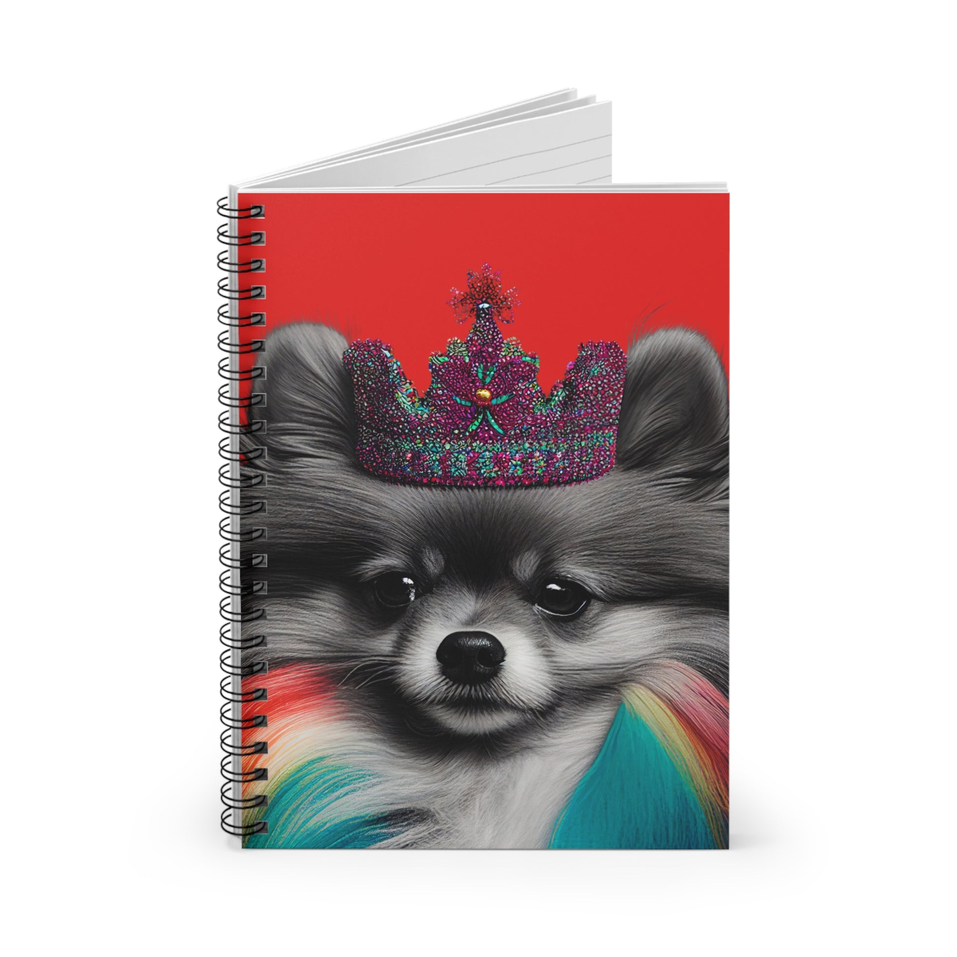 A sleek notebook cover featuring a black and white Pomeranian against a bold red background, combining elegance with a touch of whimsy."