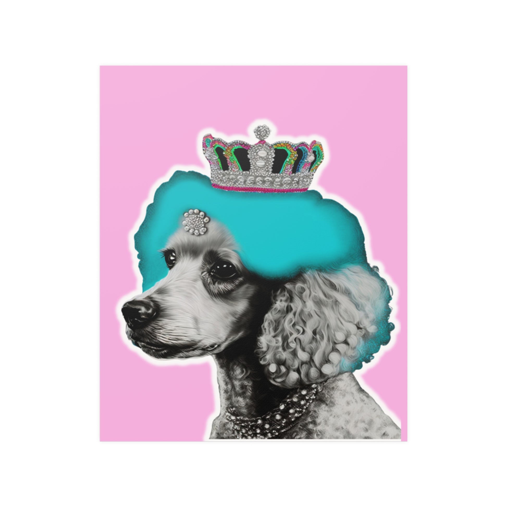 The 'Crowned Poodle on Pink Poster' features an elegant and whimsical illustration of a poodle with a crown, set against a soft pink background. This chic and stylish wall art adds sophistication and a playful touch to any room decor