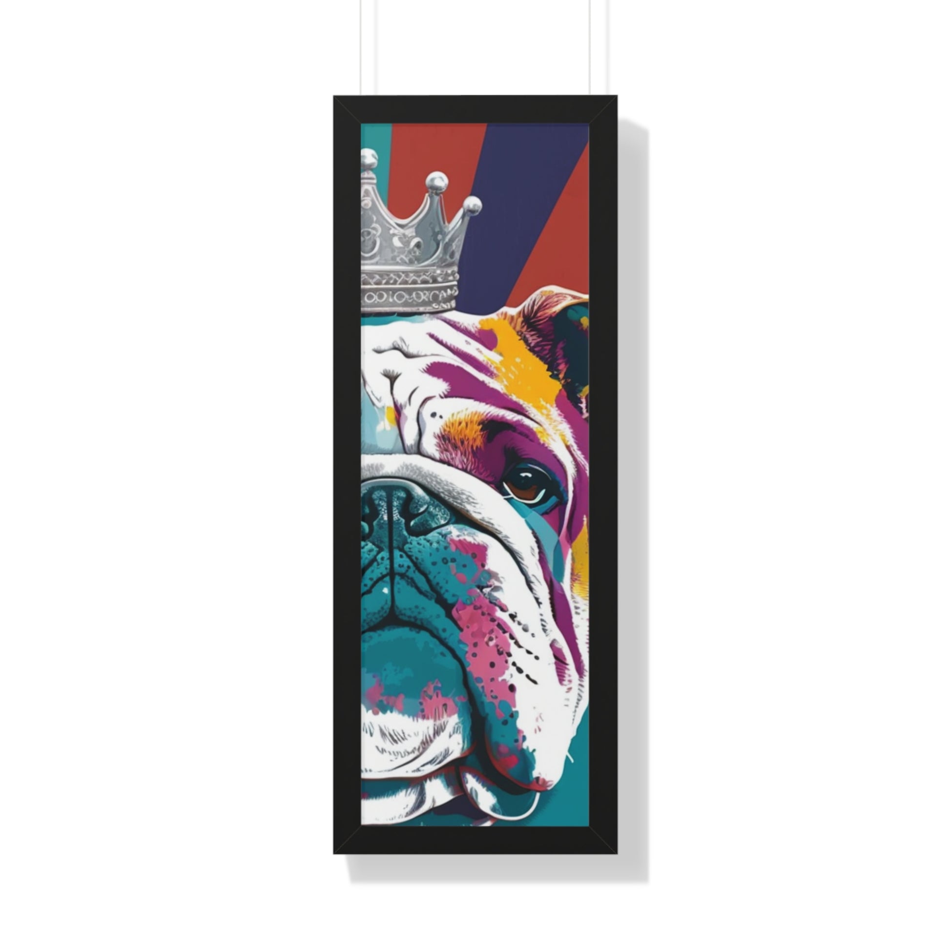 A vibrant framed canvas print featuring a PopArt British Bulldog, perfect for adding a bold and artistic touch to any interior space.