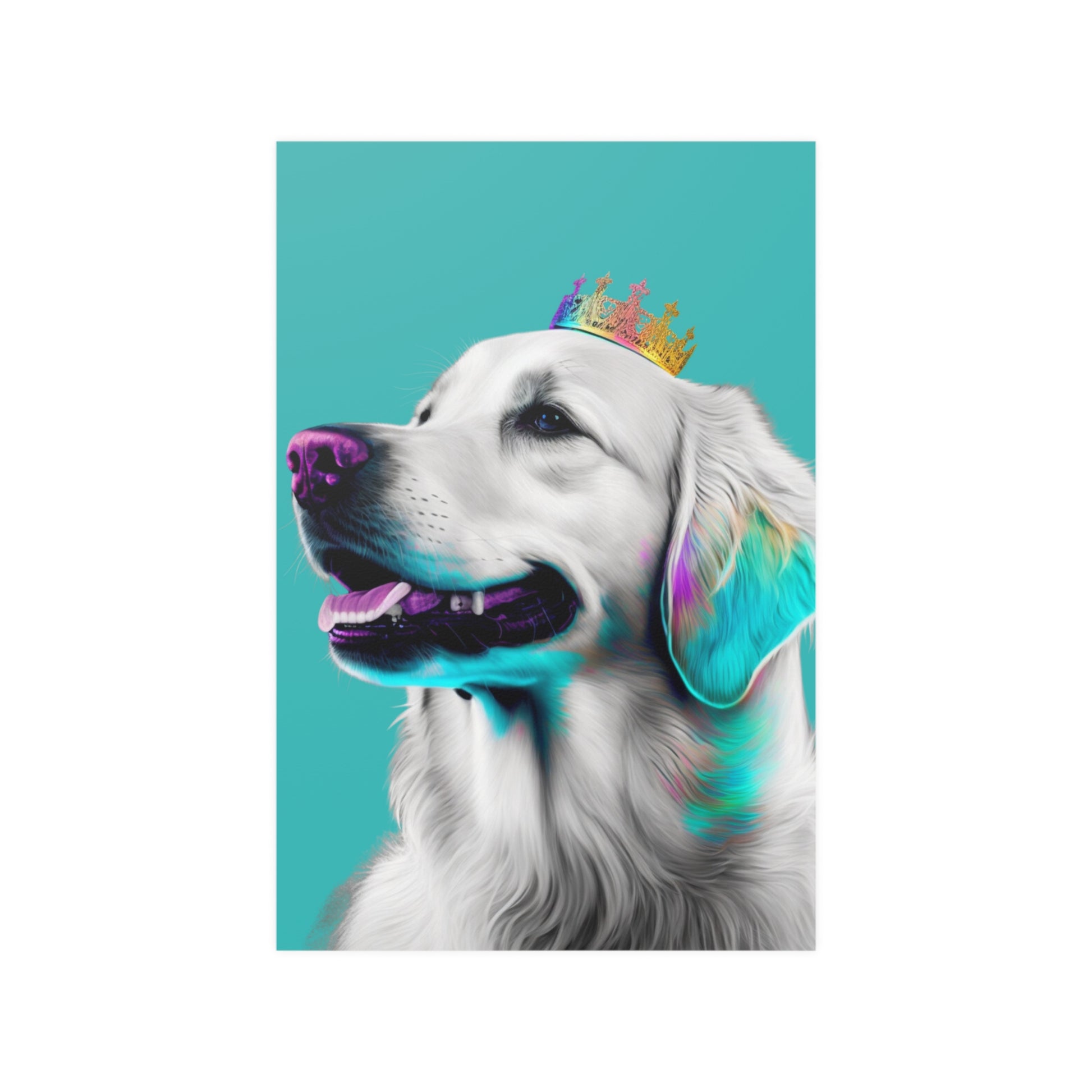 Pop art style poster featuring a Regal Golden Retriever portrayed in royal blue tones, symbolizing nobility, with a pop art aesthetic for a modern and majestic depiction."