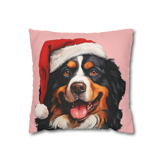 A festive Bernese Mountain Dog Christmas cushion cover featuring a beautiful Bernese Mountain Dog in a holiday setting, perfect for adding holiday charm to your home decor.