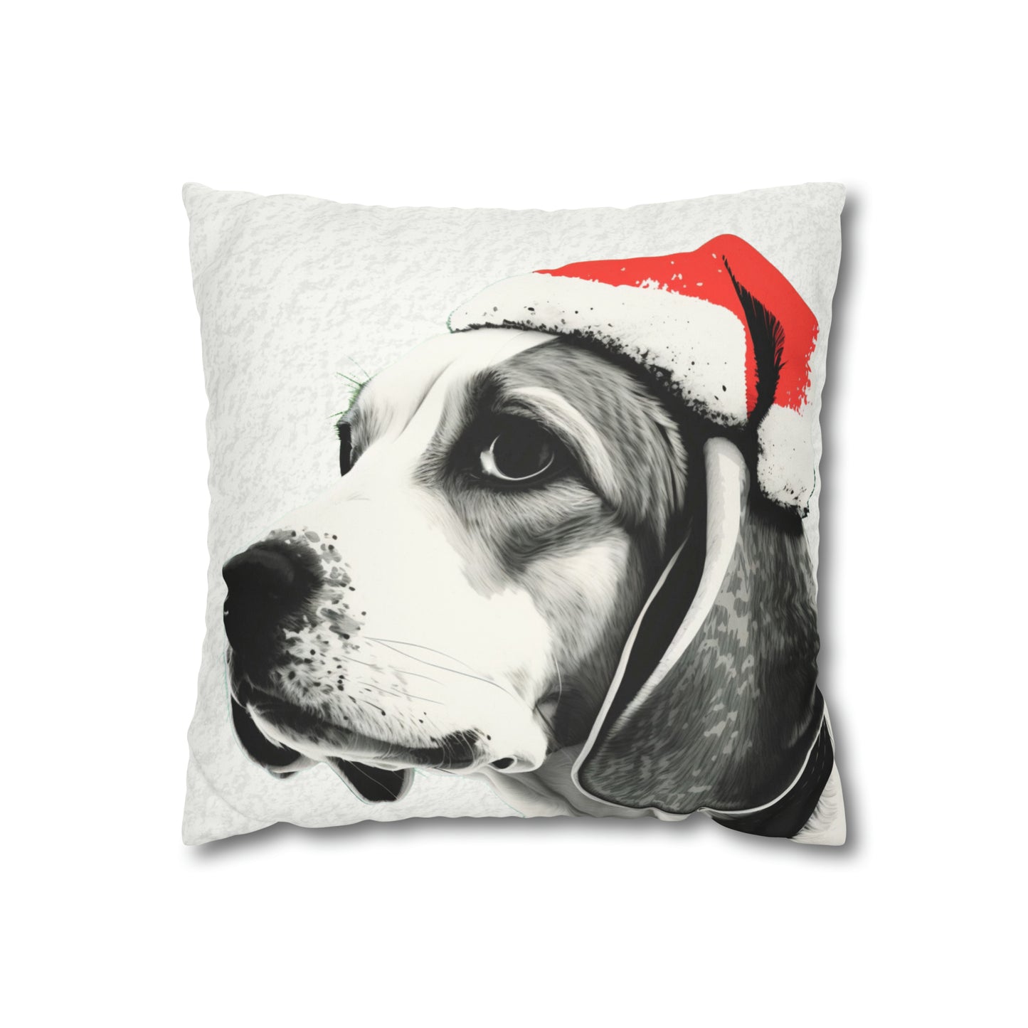 A cozy and festive white faux suede cushion cover featuring a charming Beagle in a Christmas setting. The cover is adorned with a joyful Beagle illustration surrounded by holiday motifs, capturing the essence of Christmas spirit and the playful nature of the beloved dog breed