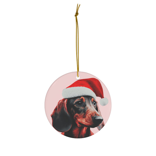 A heart or circle-shaped Christmas ornament featuring a cute Dachshund in a Santa hat on a pastel pink background, adding a charming touch to holiday decor