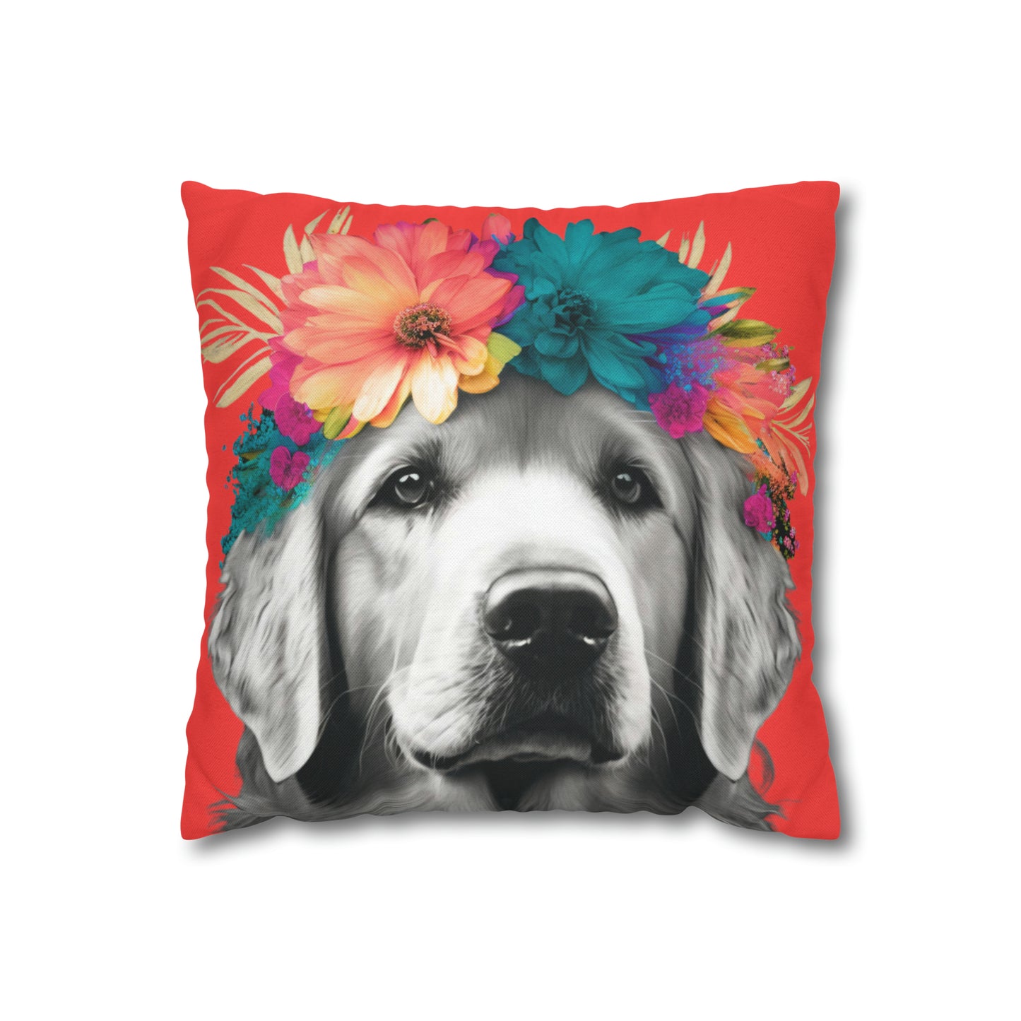 A Coral Bliss pillowcase featuring a tropical Golden Retriever design, perfect for adding a touch of paradise to your home decor.