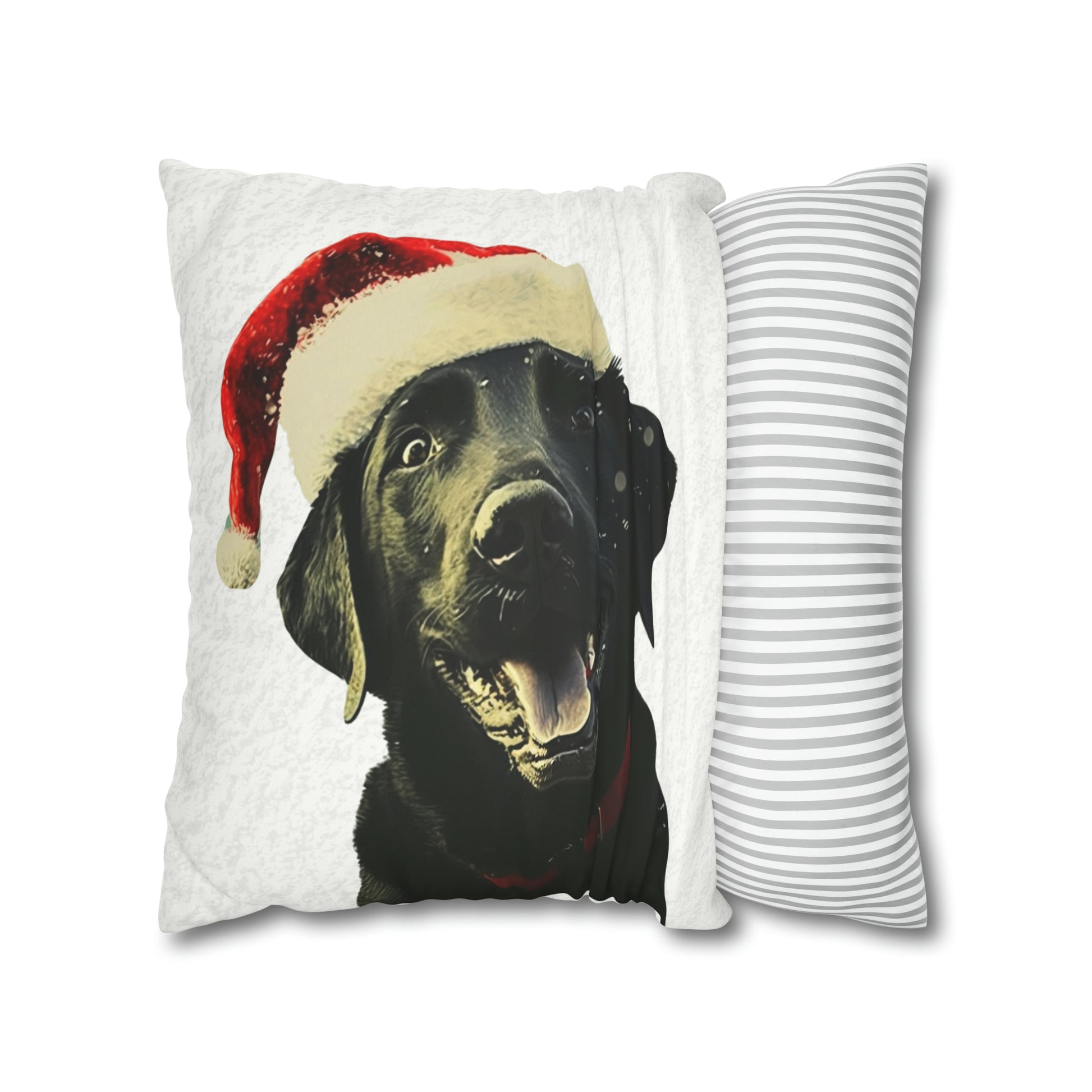 Happy Black Lab Christmas Cushion Cover in White - Festive Holiday Home Decor