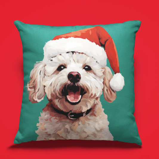 A festive Bichon Frise Christmas cushion featuring an adorable Bichon Frise dog with Christmas accessories on a vibrant green cushion cover, perfect for adding holiday cheer to your home decor.