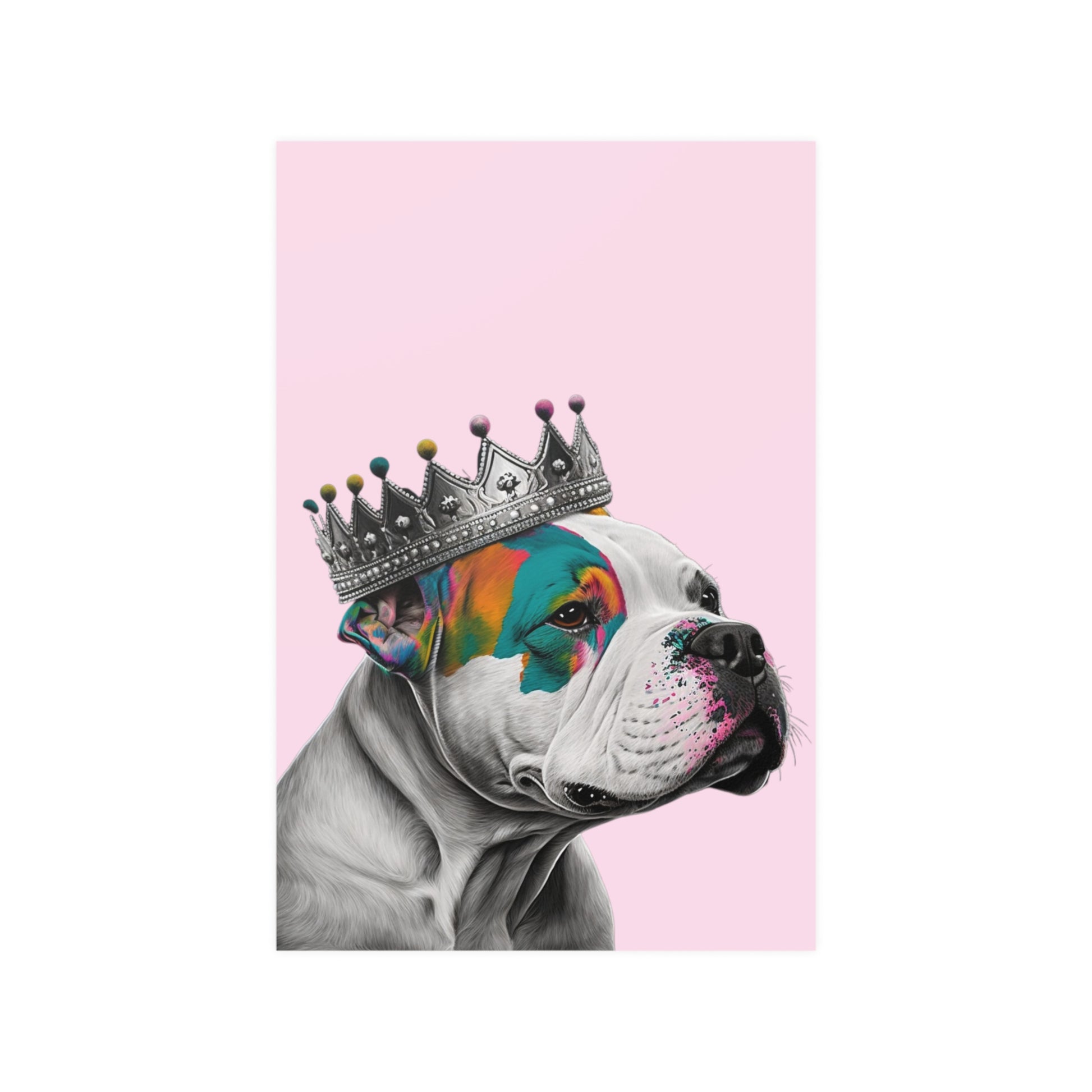 A regal XL Bully dog wearing a crown in vibrant pop art style on a pink poste