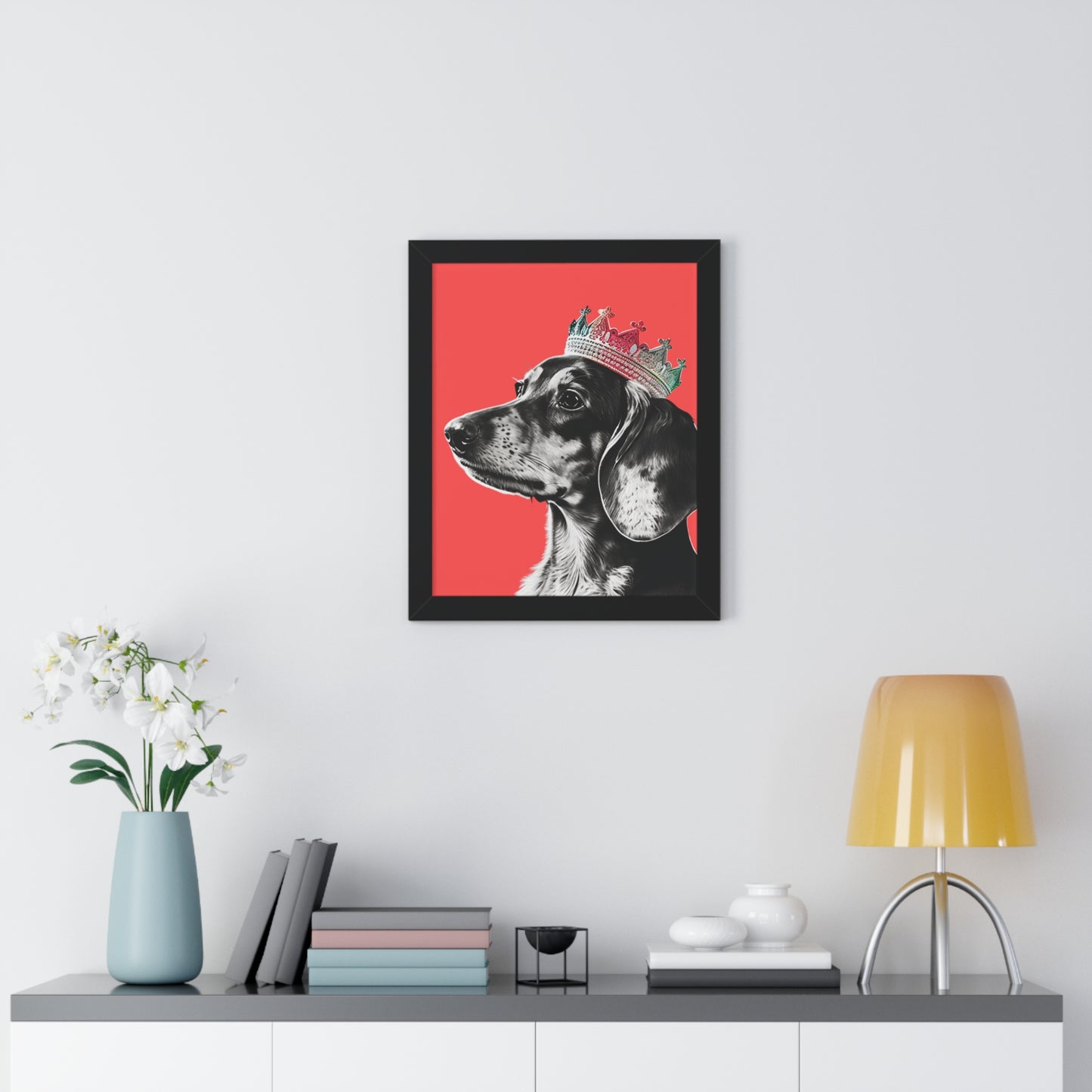 Dachshund on Coral Framed Art Print - Choice of White, Black, or Walnut Frame