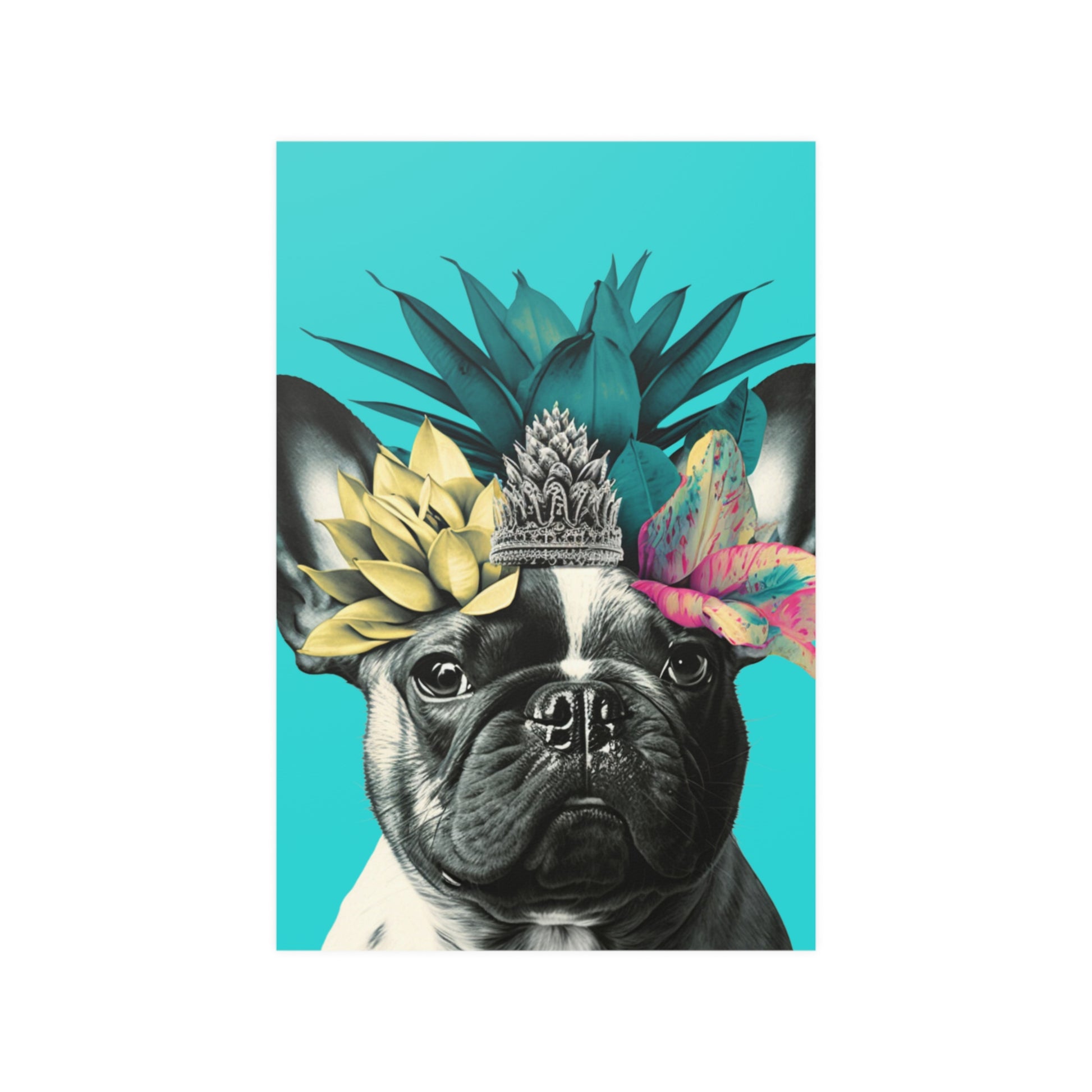 A French Bulldog with a crown of tropical flowers sits against a bright blue background, evoking a cheerful and summery island atmosphere.